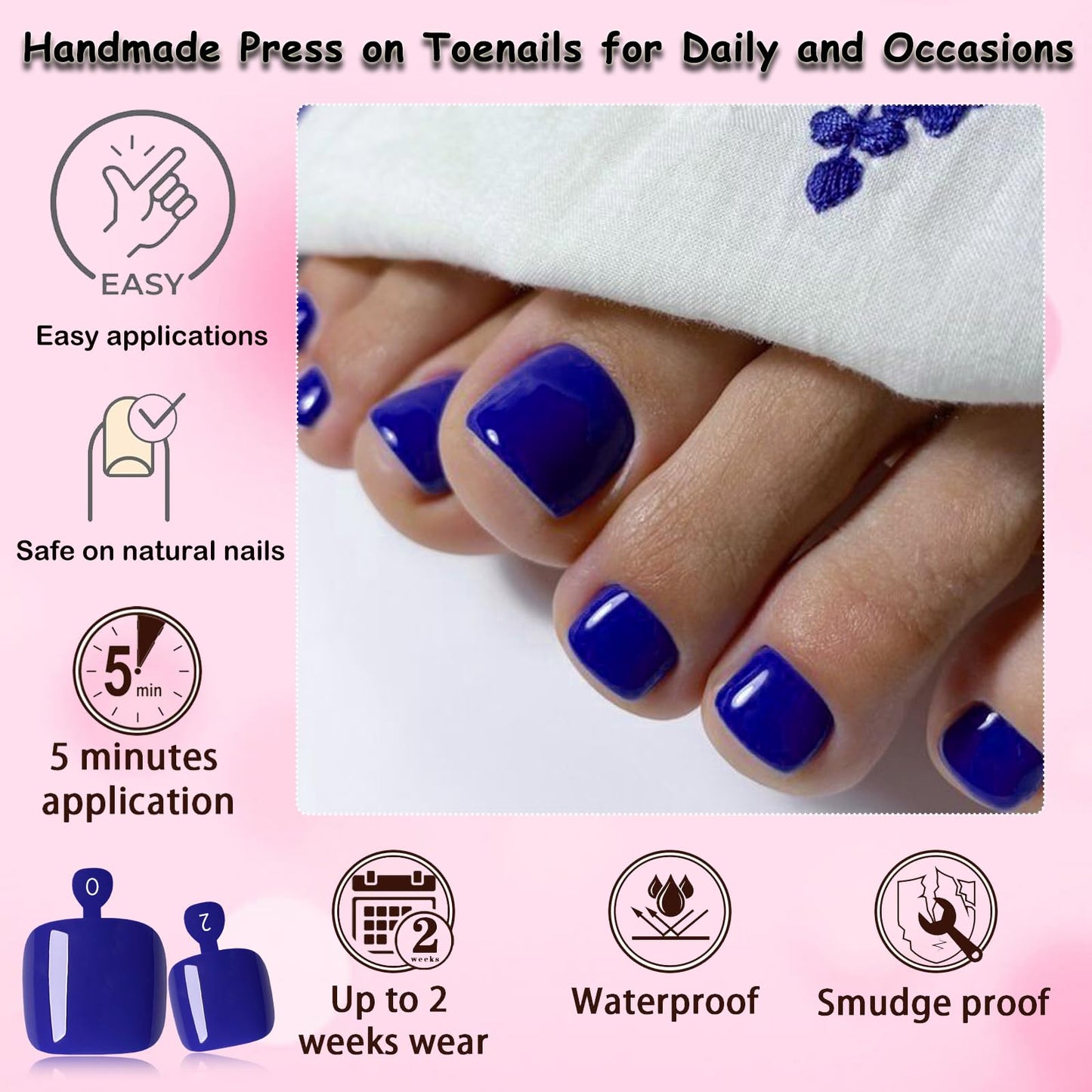 120pc Press on Toenails Women Fake Toe Nail Press ons,Royal Blue Acrylic Toenail Press ons Toes Nails Fake Toenails Glue on Toe Nail Tips 12 Sizes Toe Press-on Pedicure Presson False Nails for Feet