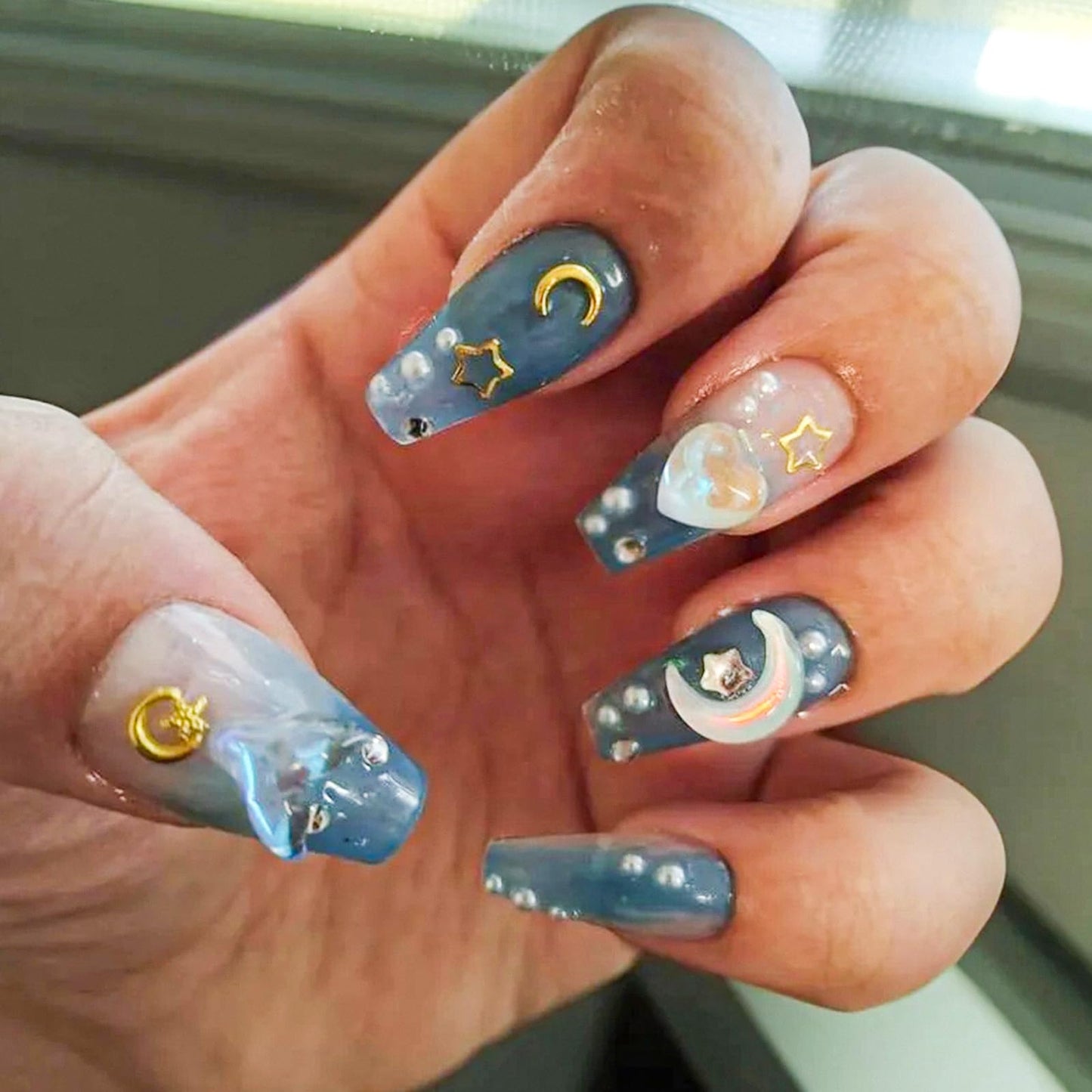 10 Pcs Blue Coffin Press on Nails Handmade Fake Nails with 3D Heart, Moon, Star Nail Art Design Reusable False Nails Kit Handmade Acrylic Nails Press ons Medium Holiday Stick on Nail for Women (S)