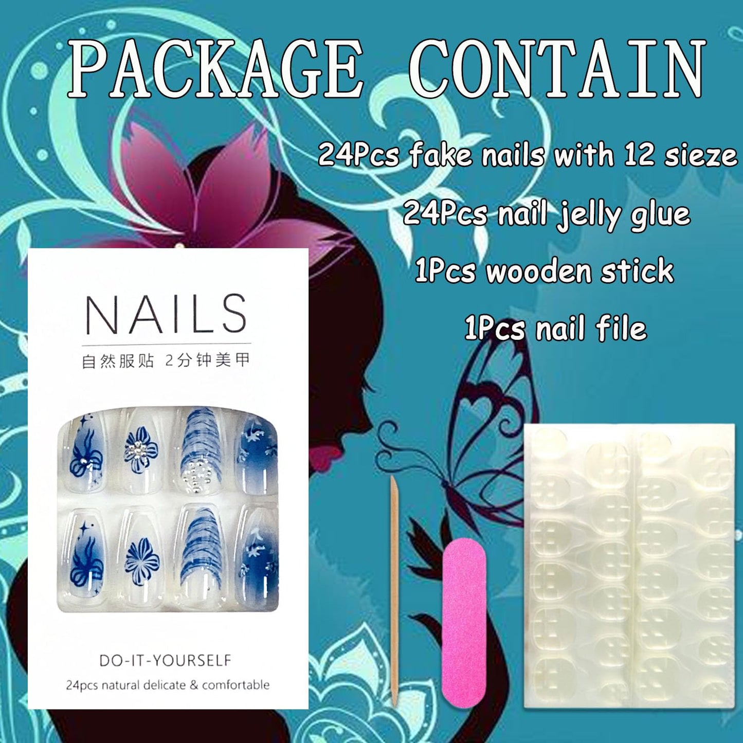 EYZOTSF Press on Almond Nails Medium Length Glossy Full Cover Acrylic Almond Shaped False Nails with Designs Artificial Fake Nail with Charms Glue Stick ons Fingernails for Women Girls(Z1102)