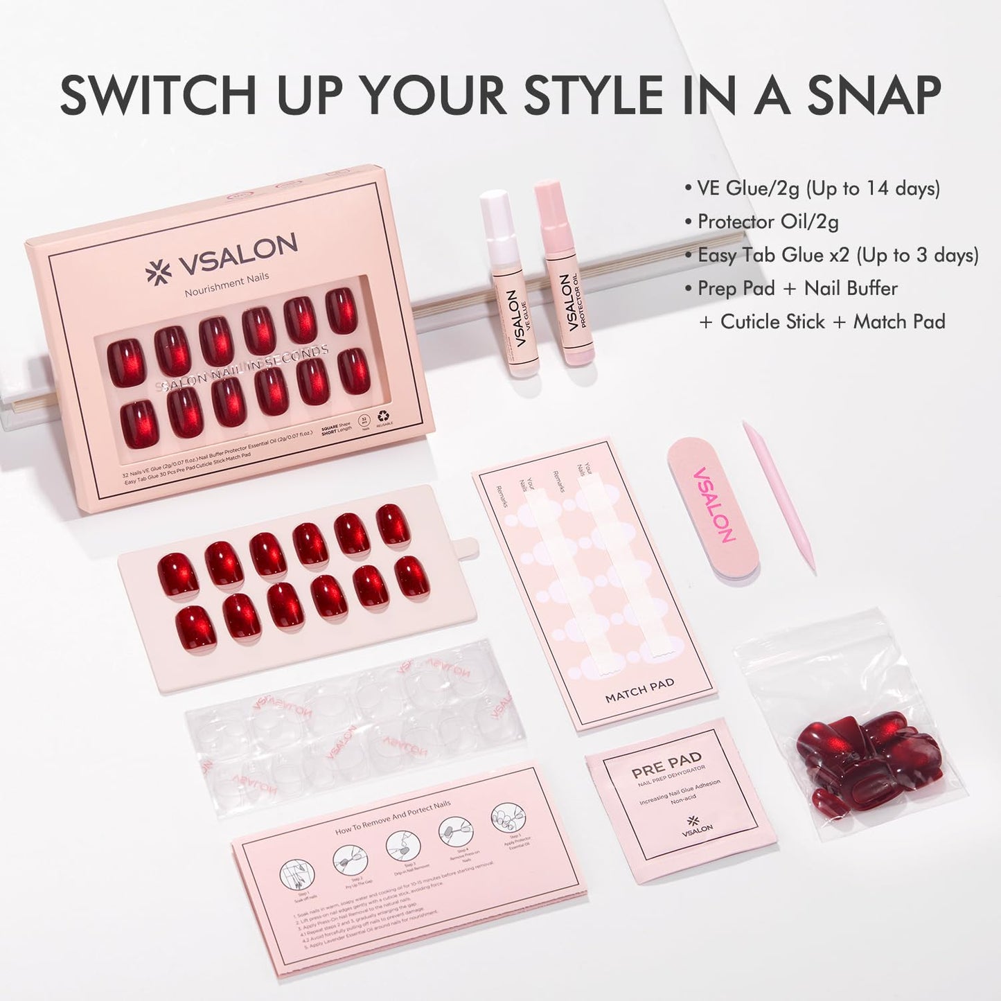 VSALON Press on Nails Short Square - Burgundy Red Cat Eye Glitter Fake Nails, Reusable Opaque Gel Magnetic Effect Fake Nails with Glue & Cuticle Oil - 32 PCS in 16 Sizes