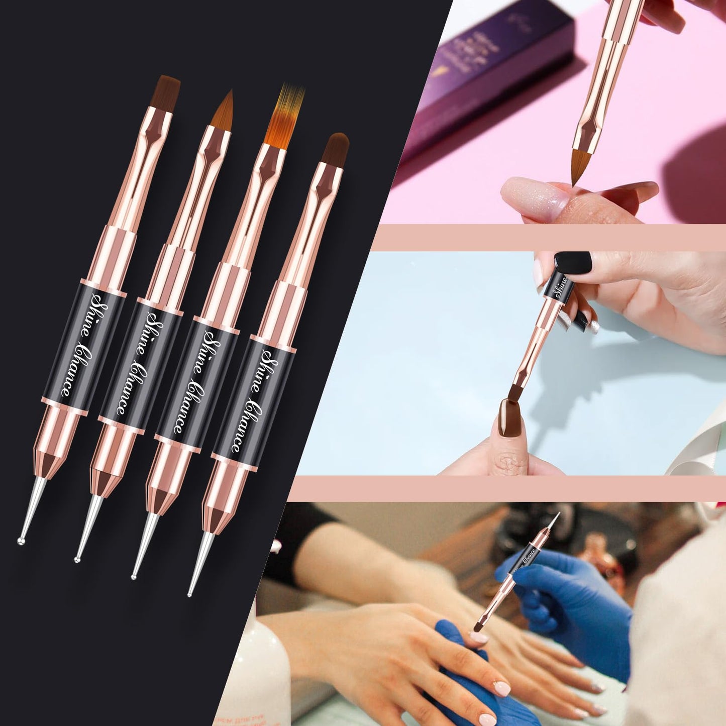 Shine Chance 9Pcs Nail Art Brushes Set, Professional Double-Ended Acrylic Liner Detail Brushes for Gel Polish Art Nail, 3D Art Nail Dotting Brush Pen for Manicure DIY Home Salon, Black