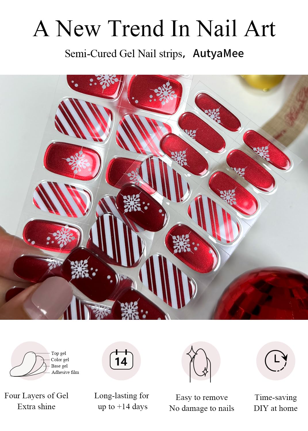 AutyaMee Semi Cured Gel Nail Strips (Mirror Christmas Red), Chrome, 30 Pcs Gel Nail Wraps, Stickers, Long Lasting, Works with Any UV Lamps