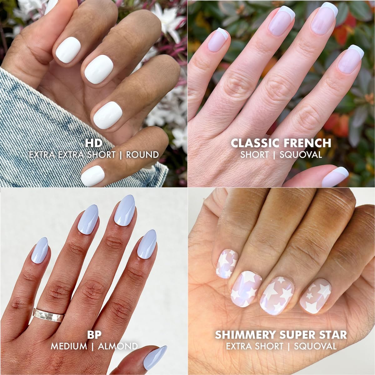 Olive & June Glue Press On Bestsellers Kit | Includes 4 Fake Nail Sets (HD Crisp White, Classic French, Shimmery Super Star, BP Icy Blue) | Realistic Look, Non-Damaging Glue, Up to 14-Day Wear