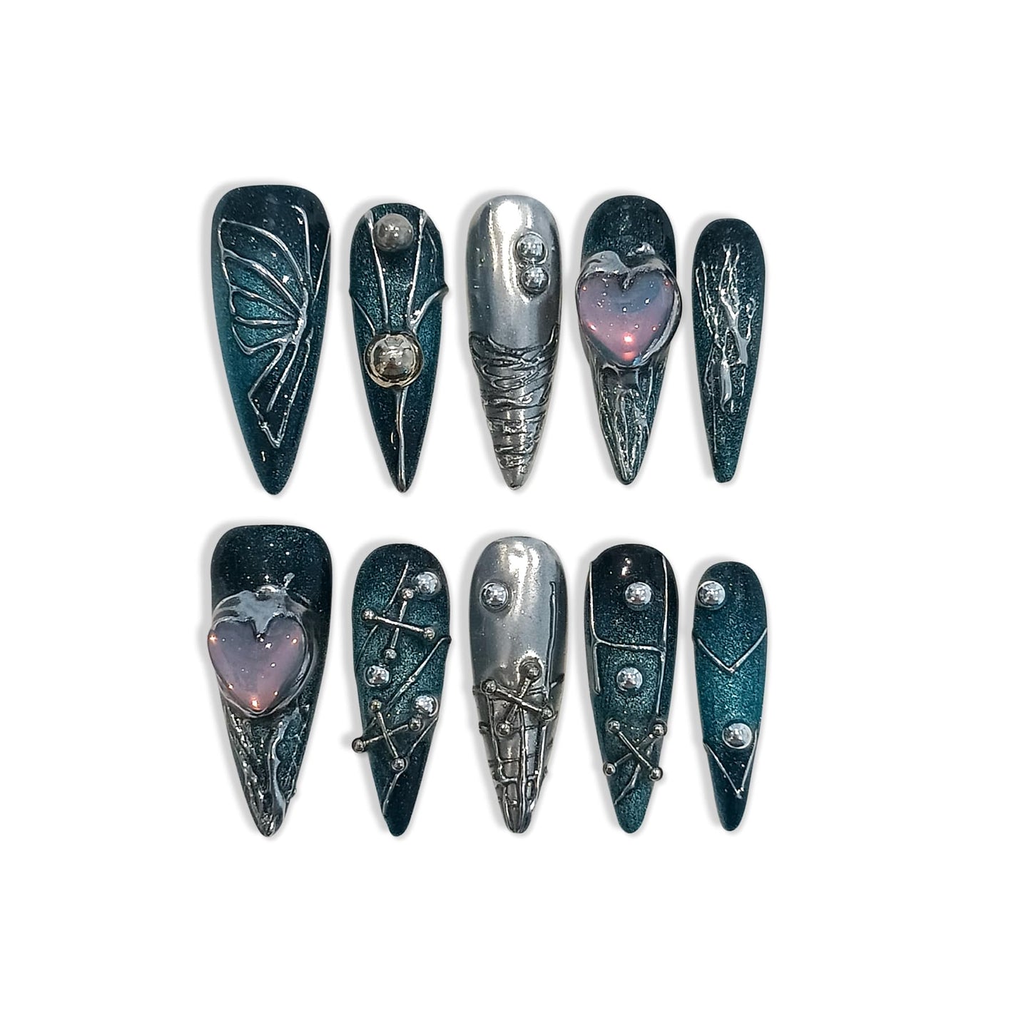 TENPAL Handmade Press on Nails Long Stiletto,Galaxy Ombre Blue-Black Fake Nails with 3D Butterflies Cross Beads Gem Stones,Edgy Y2K Metal Embossed Meteor Glitter Design Salon False Nail Kit 10pcs(L)