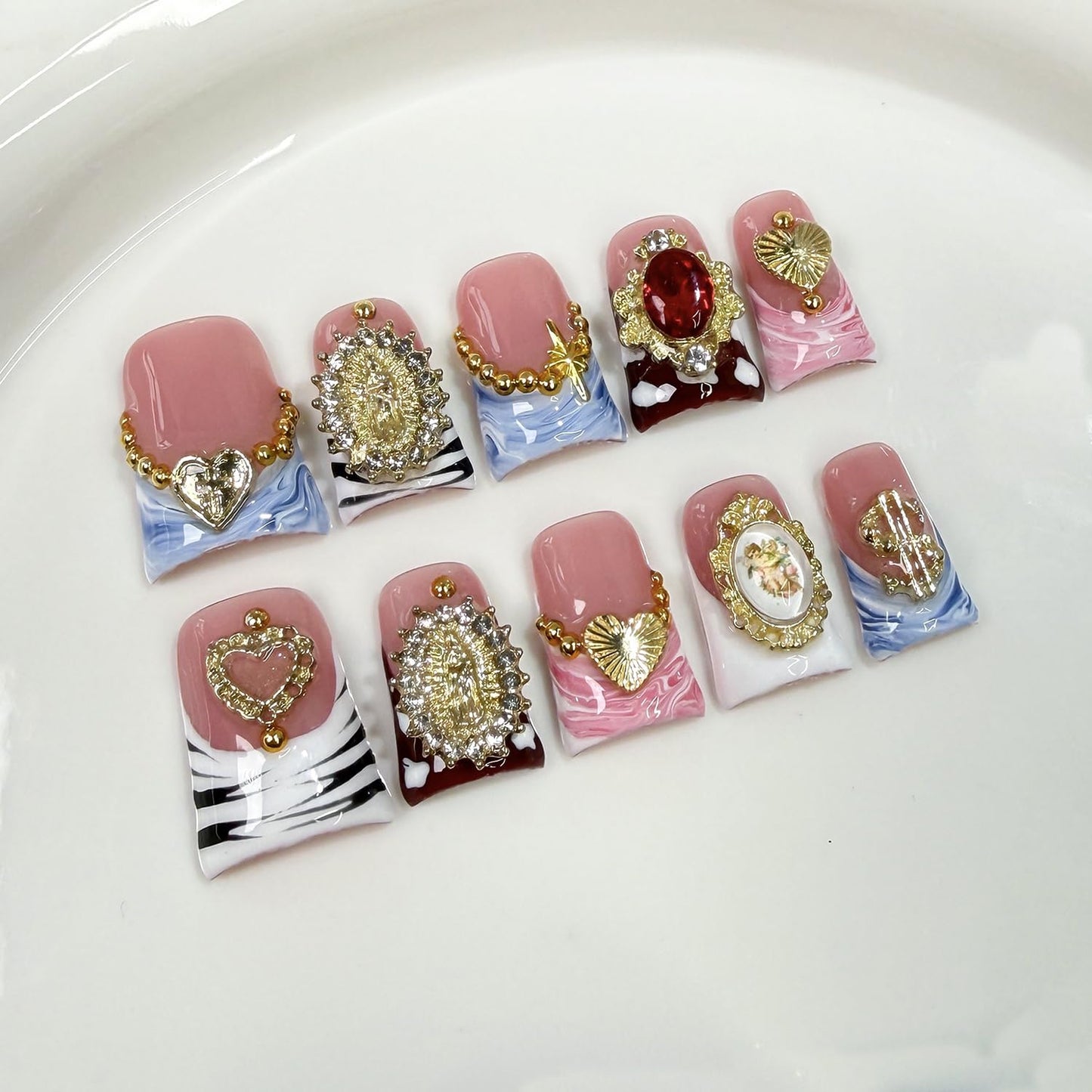Handmade French Tip Press on Nails Short Duck 3D Thick Acrylic Nails Baroque False Nails with Rhinestones Oil Painting Designs Luxury Royal Fake Nail Sturdy Art Press on Nail 10Pcs(M)