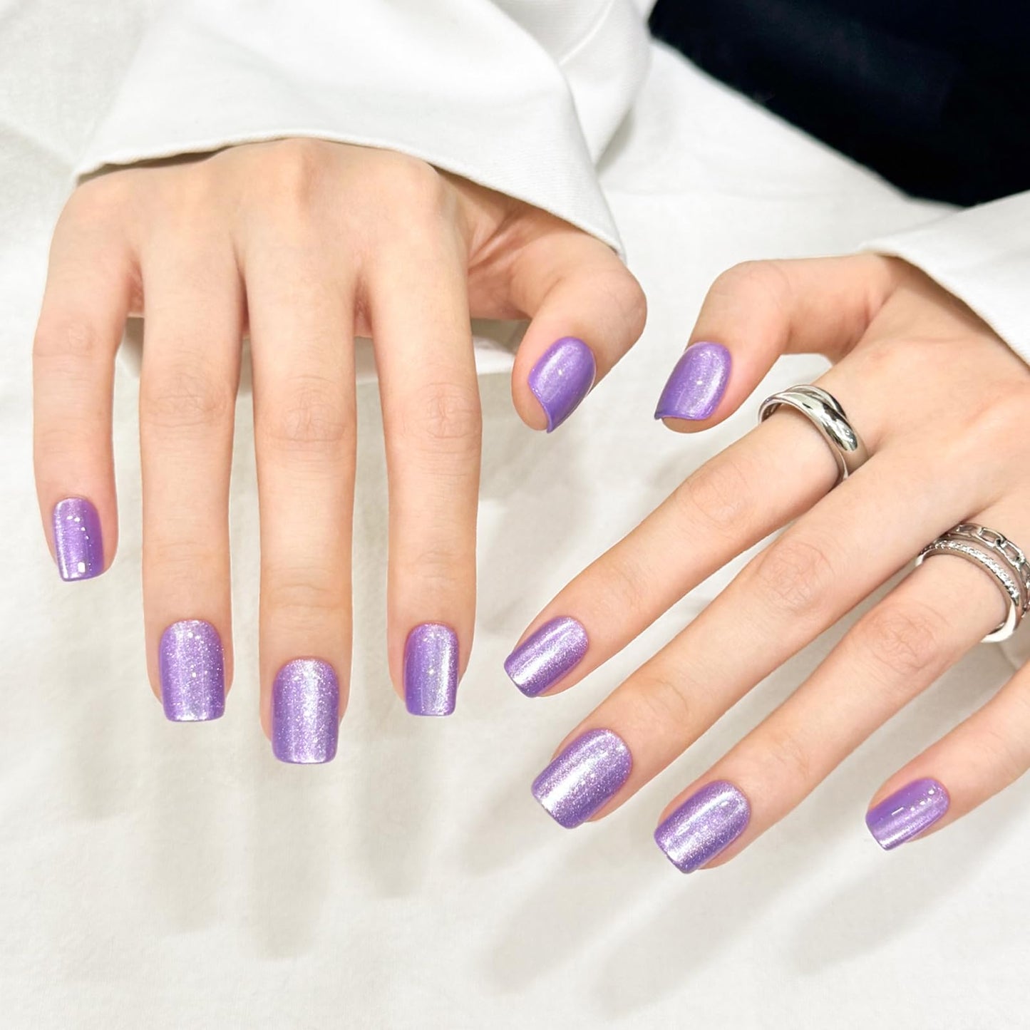 Purple Cat Eyes Press On Nails,12 Sizes - 24 Pcs Soft Gel Purple Short Squoval Fake Nails Kit with Nail Glue, Natural Reusable Stick On False Nails for Women and Girls SK1059