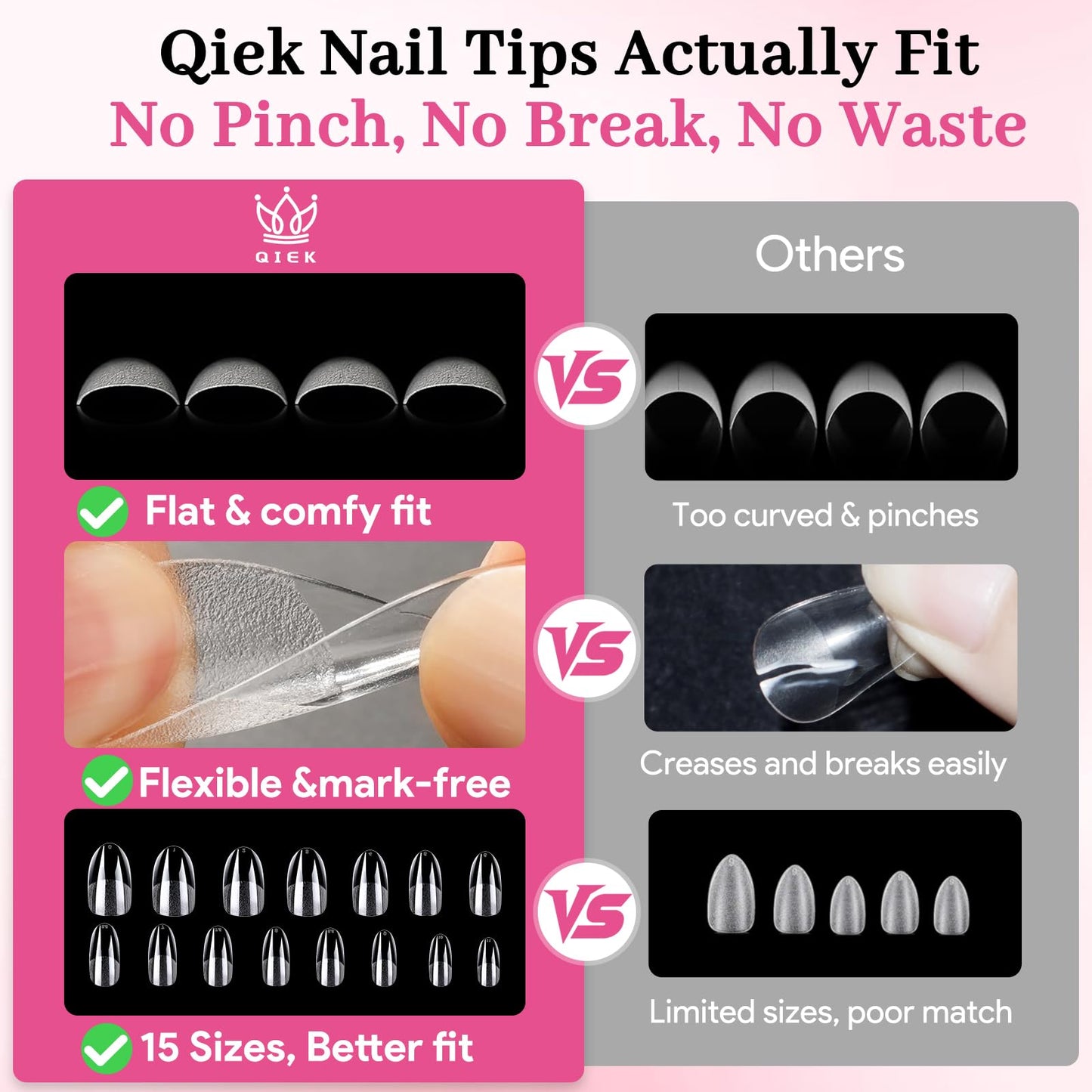 Qiek Medium Round False Nail Tips, 15 Sizes 510 PCS Clear Soft Press On Fake Nail Pre-shaped Half Matte Full Cover Gel Nail Tips Extensions Strong Thick Long Lasting for DIY Beginners & Salon Manicure