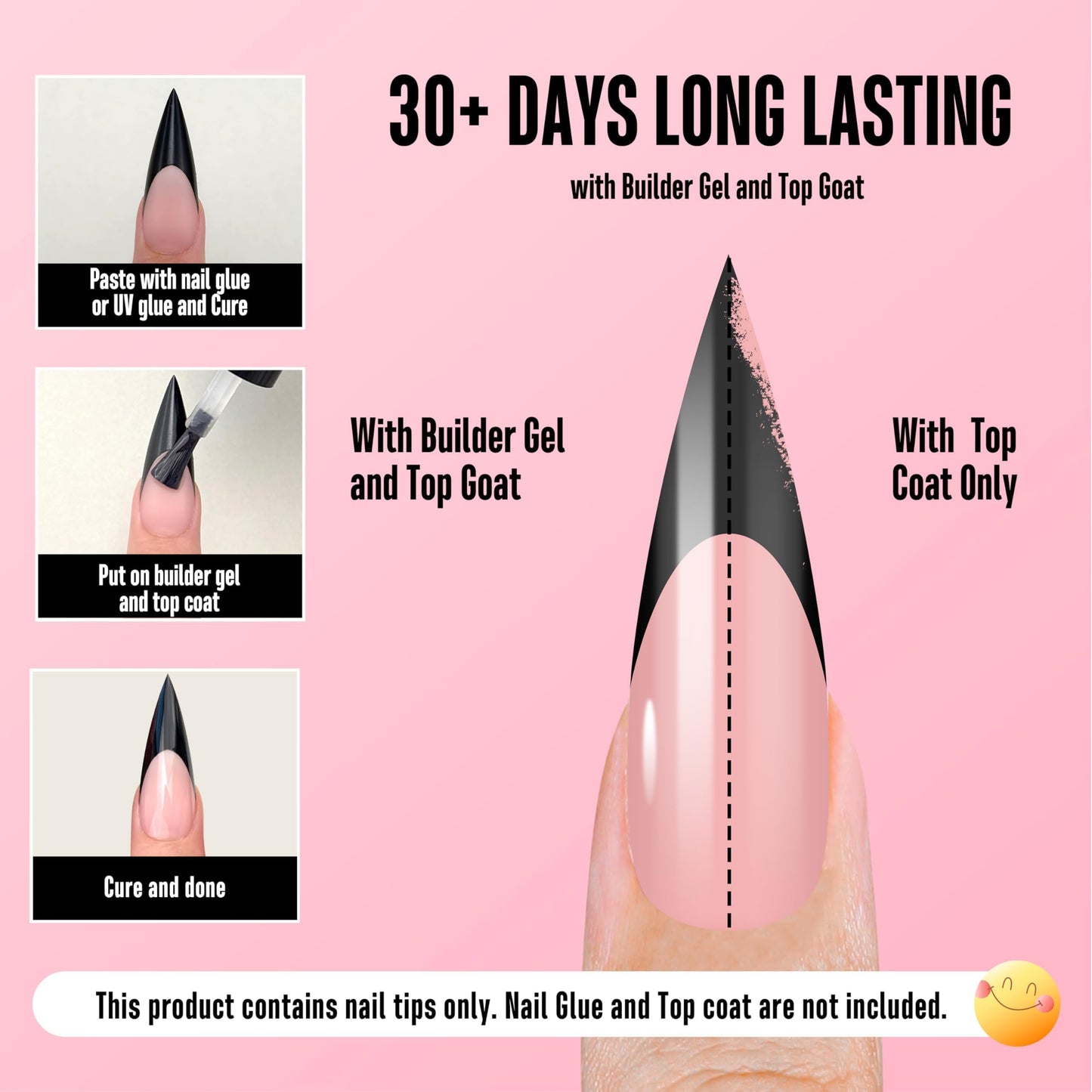 NOVO OVO Black French Tip Long XL Sharp Stiletto Nail Tips Press on BABY PINK, Soft Gel Double Matte Fake Nail Extension, Full Cover False Nails for Acrylic DIY x 16 Sizes 160 pcs