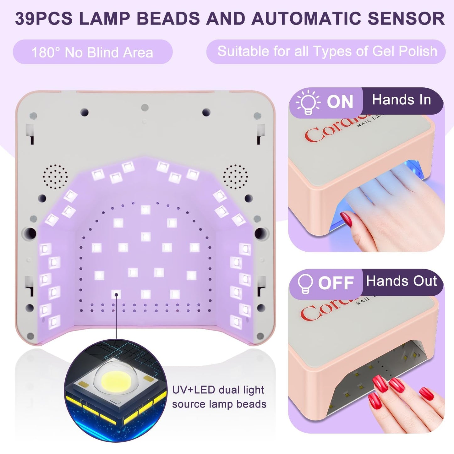 Rechargeable Cordless UV LED Nail Lamp, 86W UV Nail Light for Gel Polish & Acrylic Nails, Fast Curing Nail Light for Gel Nail, Metal Mirror Bottom, Auto Sensor, 39 LED Beads, Salon & Home Use (Pink)