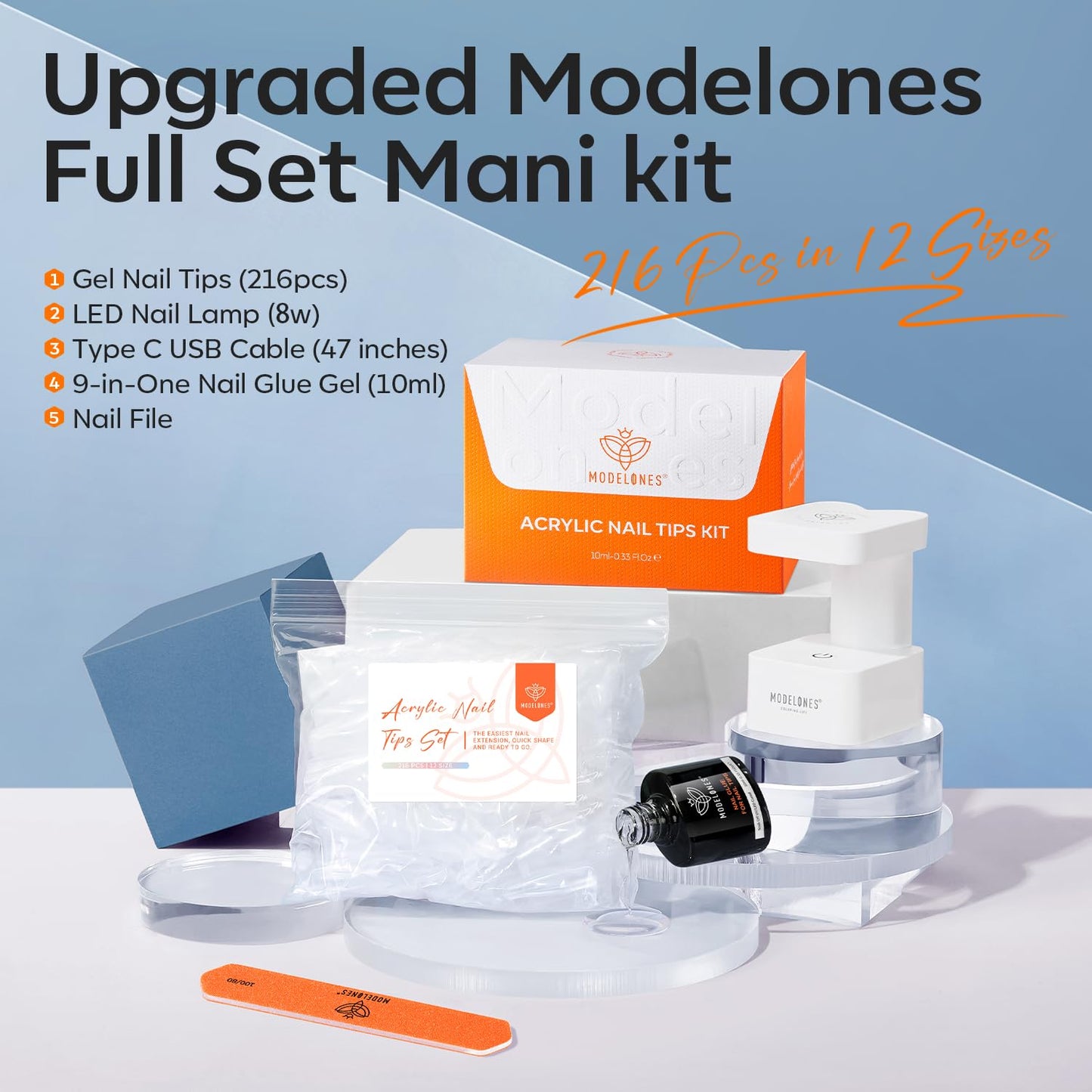 modelones X Nail Gel Kit Extra Short Almond, 9-in-One Nail Glue with Mini UV Light 216Pcs 12Sizes Pre-Etched Press ons Fake Acrylic Extension Kit DIY Salon Gift for Women