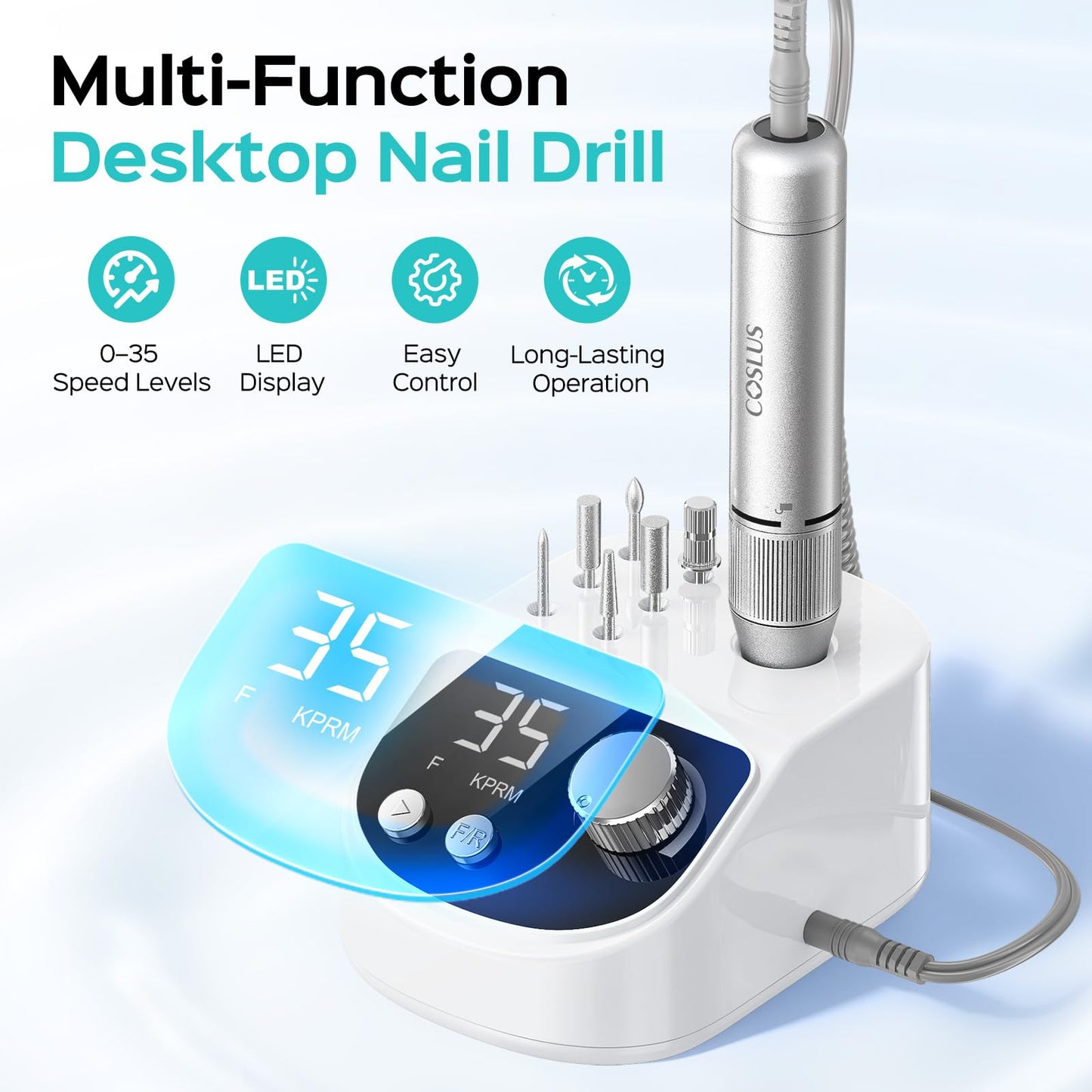 COSLUS E50 Professional Electric Nail Drill: Upgraded Steady Power with LED Display for Acrylics, Gel, Natural Nails - Easy to Use for Women, Nail Art Practice, Desktop Nail File at Home DIY or Salon