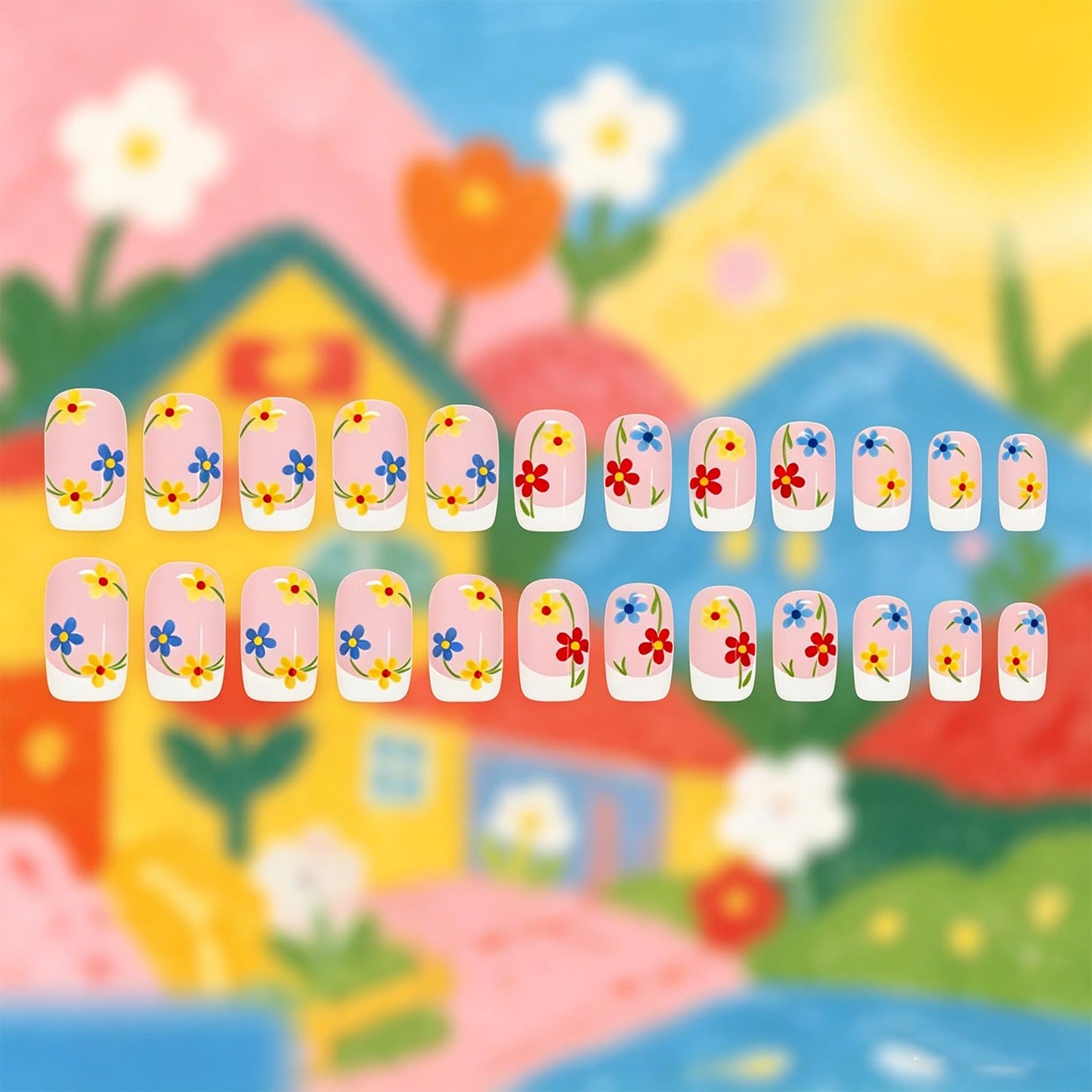 Floral Press on Nails Flower Fake Nails 24 Pcs HZJXRT Medium Square Stick on Nail Spring Flower Acrylic False Nail Glossy White French Tips Glue on Artificial Fingernails for Coquette Women