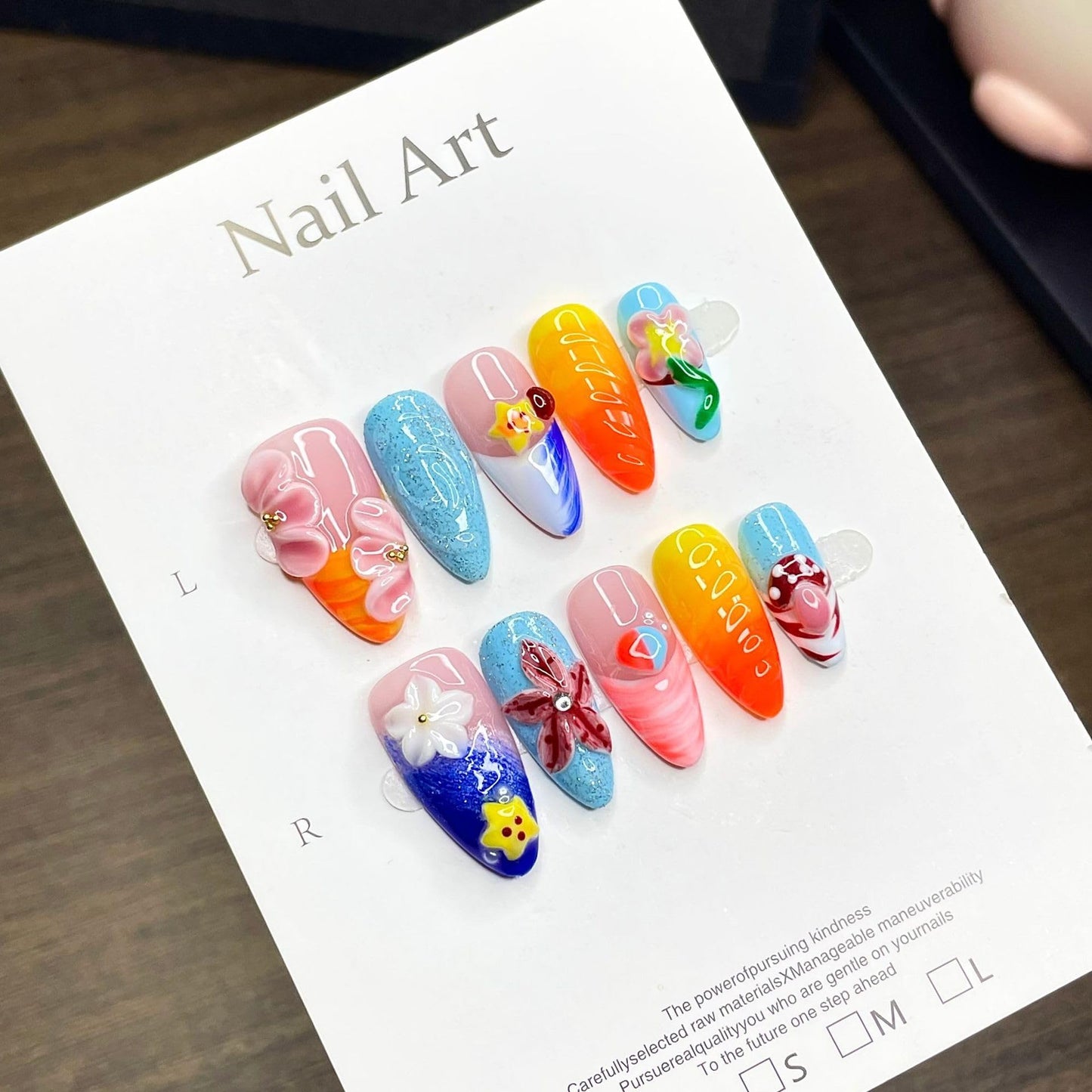 Vseegrs Summer Handmade Press on NailsAlmond Short Colorful 3D Flowers Artificial False Nails with Designs Embossed Starfish Acrylic Nail Press ons Cute Charms Press on Nail Kit for Women 10pcs (L)