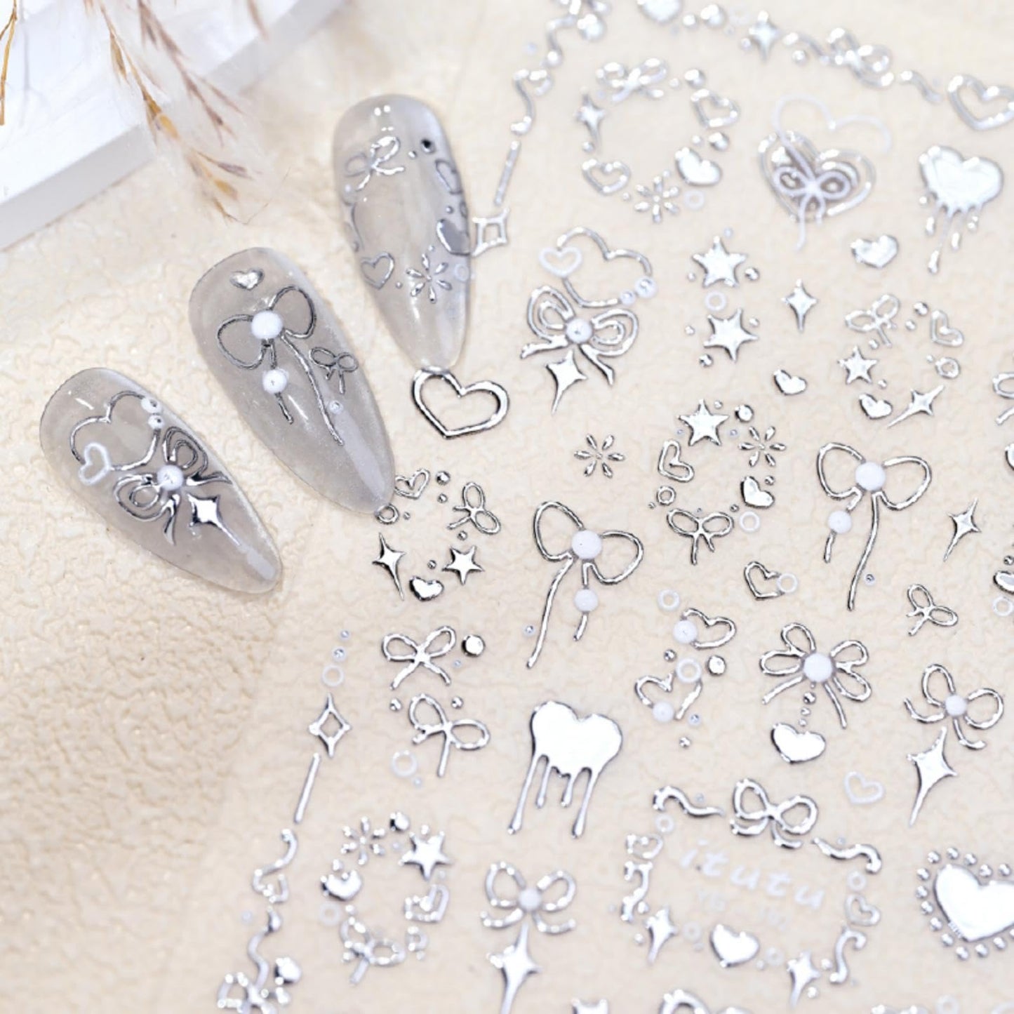 5D Embossed Heart Nail Stickers Self-Adhesive Silver Bows Nail Art Stickers Pearl Star Love Nail Decals for Acrylic Nails Spring Valentines Nail Sticker for Women Girls DIY Manicure Nails Supplies