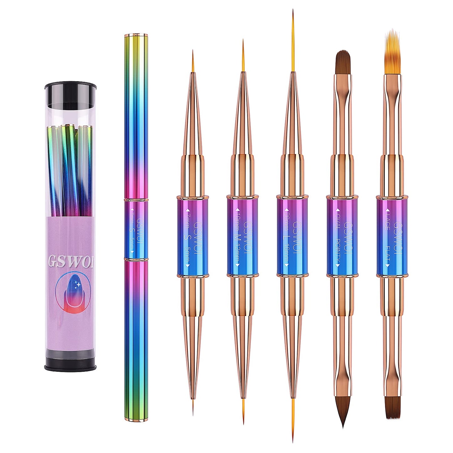 GSWOI Acrylic Nail Art Brushes Set,5PCS Nail Brushes for Nail Art Round Oval Gel Builder Brush Nail Art Tools Nail Liner Brush,Nail Design Brush for Gel Polish Painting Acrylic Nail Drawing Pens
