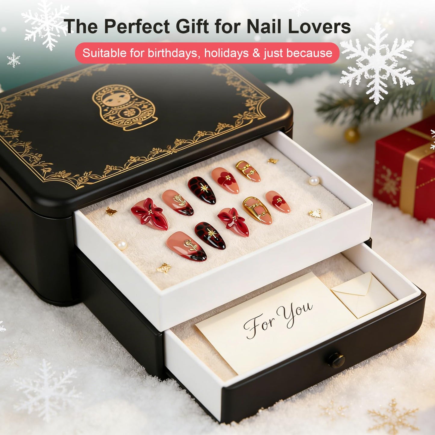 LTXHZYYL Handmade Press on Nails Almond 3D Floral Design Reusable ABS Full Cover False Nails Kit — Luxury Medium French Tip Glossy Acrylic Fake Nails for Women