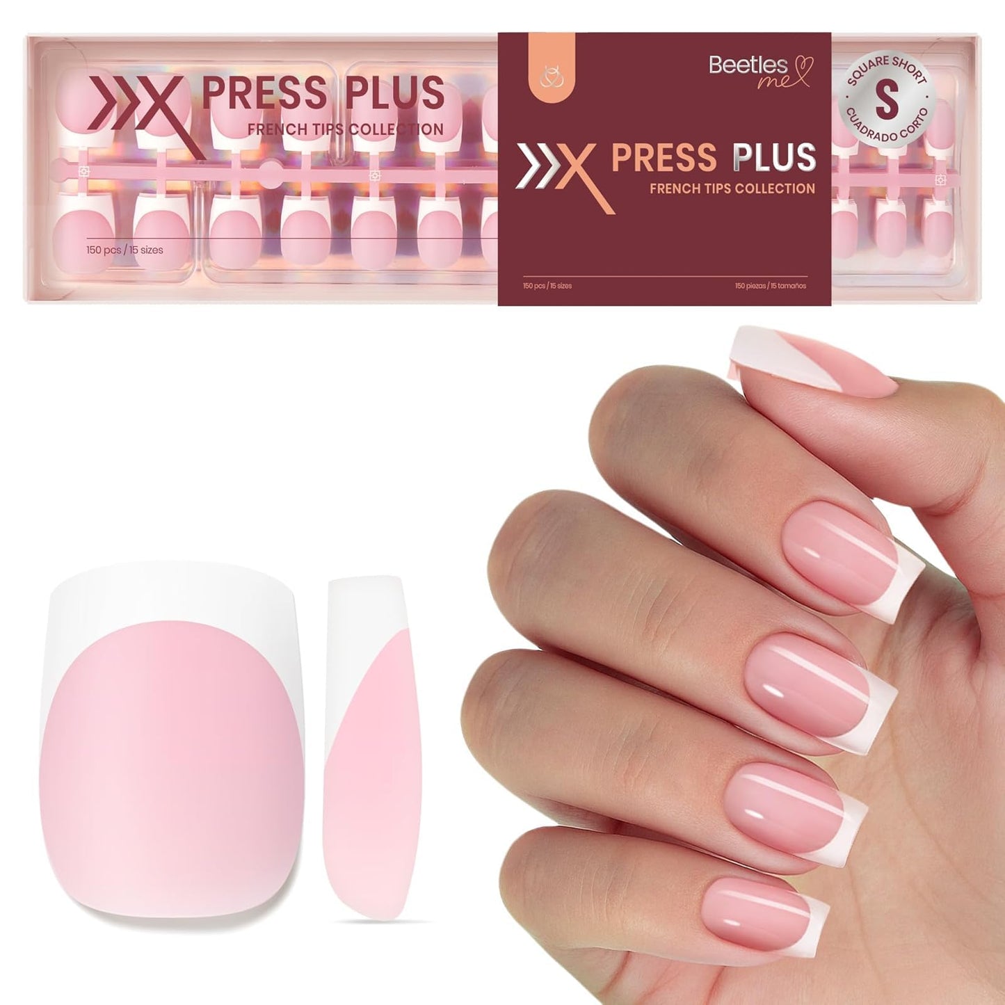 Beetles French Tips Press On Nails - Pearl French | Pink French Tip Nails Short Square 150 Pcs Fake Nail Tips, Soft Nail Gel False Nails Art DIY Gifts For Women