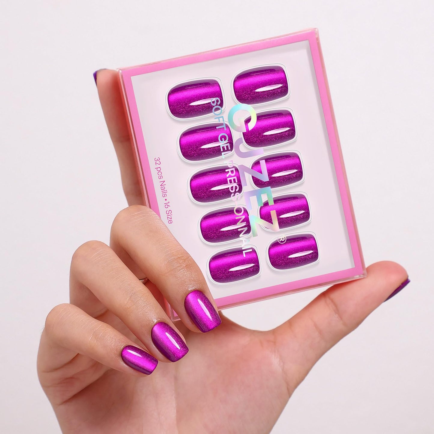 Royal Purple Cat Eye Press on Nails Short Square - GJZEZ Soft Gel Magenta Pink Violet Plum Cateye Fake Nail Press Ons Gift for Women, Salon Quality Reusable Nails in 16 Sizes & 32Pcs, Electric Fuchsia