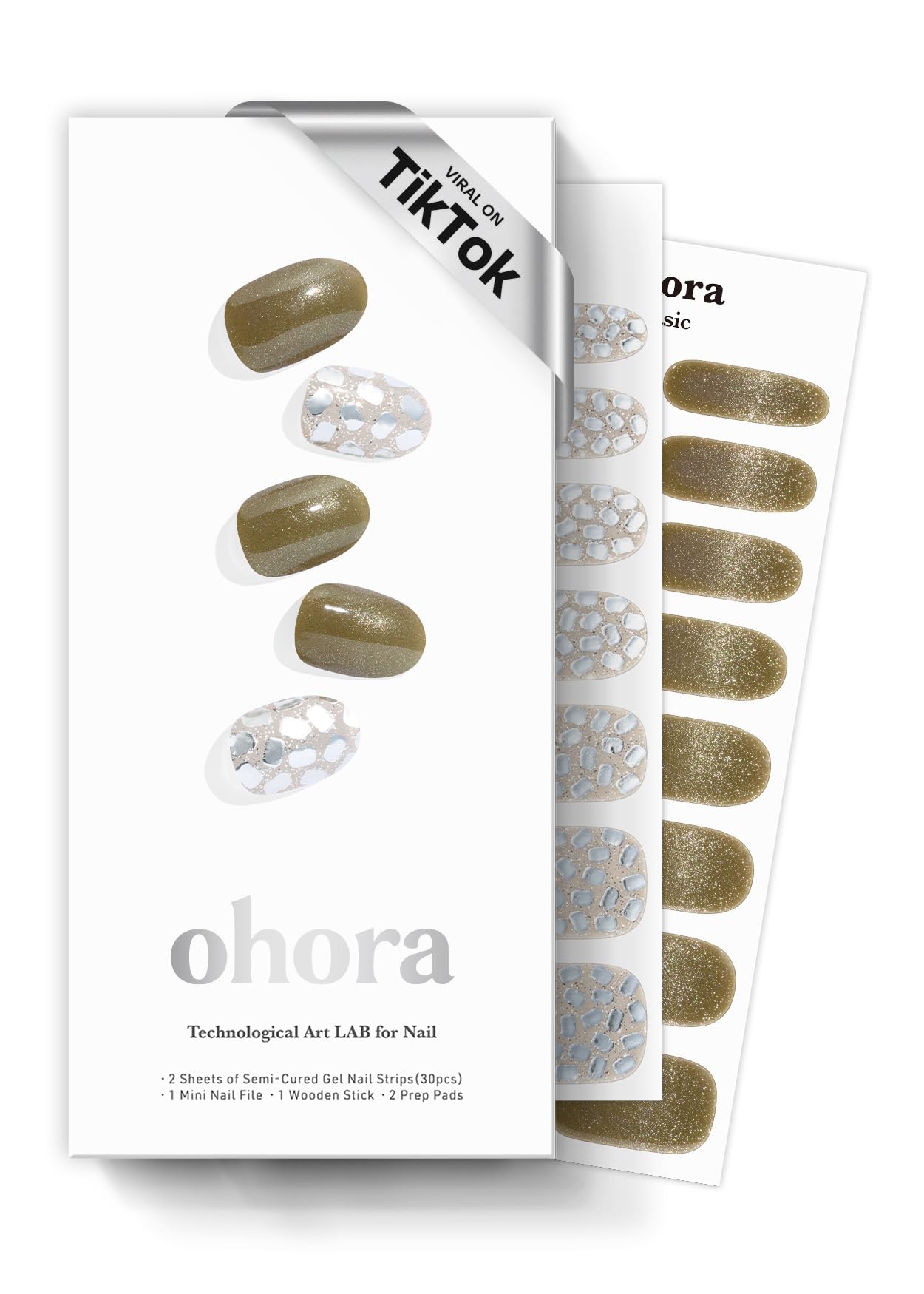 ohora Semi Cured Gel Nail Strips (N Olive Glow) - Works with Any Lamps, Salon-Quality, Long Lasting, Easy to Apply & Remove - Includes 2 Prep Pads, Nail File & Wooden Stick