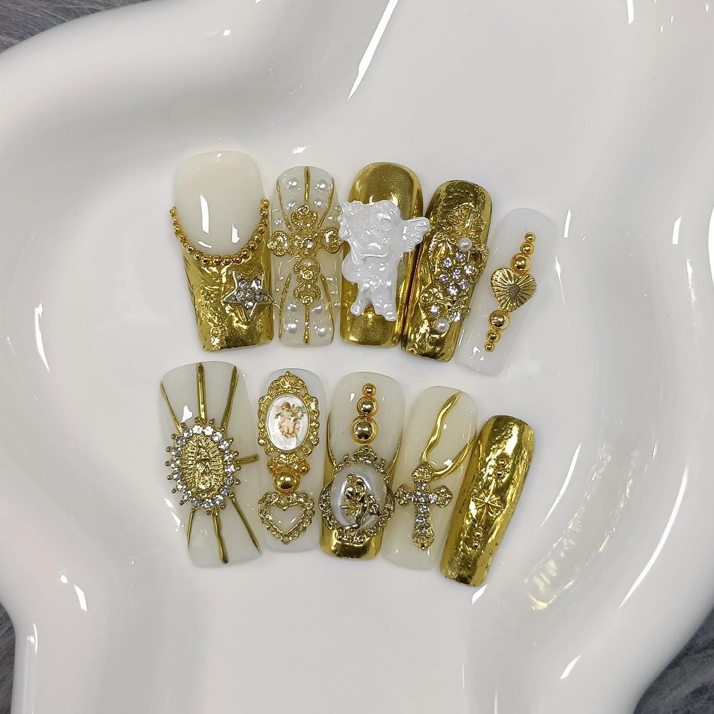 TENPAL Baroque Press on Nails Long Coffin 3D Embossed Pearl Cross Charm Luxury False Nails for Women Gold Glam Royal Cathedral Style Glue on Nails for Parties Holiday Events(L)
