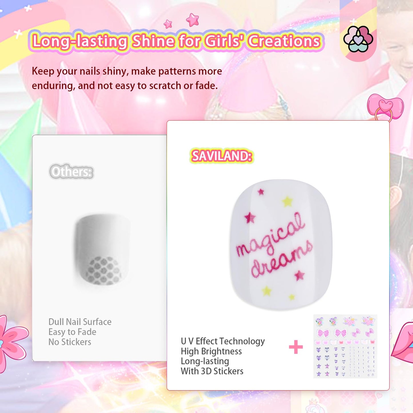 SAVILAND Creative Press on Nails for Kids: 6 Pack Children Fake Nails with 3D Stickers for 8-12 Years Girls Gifts Pre-Glue Full Cover Short Acrylic Nails Artificial False Nail Tips Nail Art Decoration