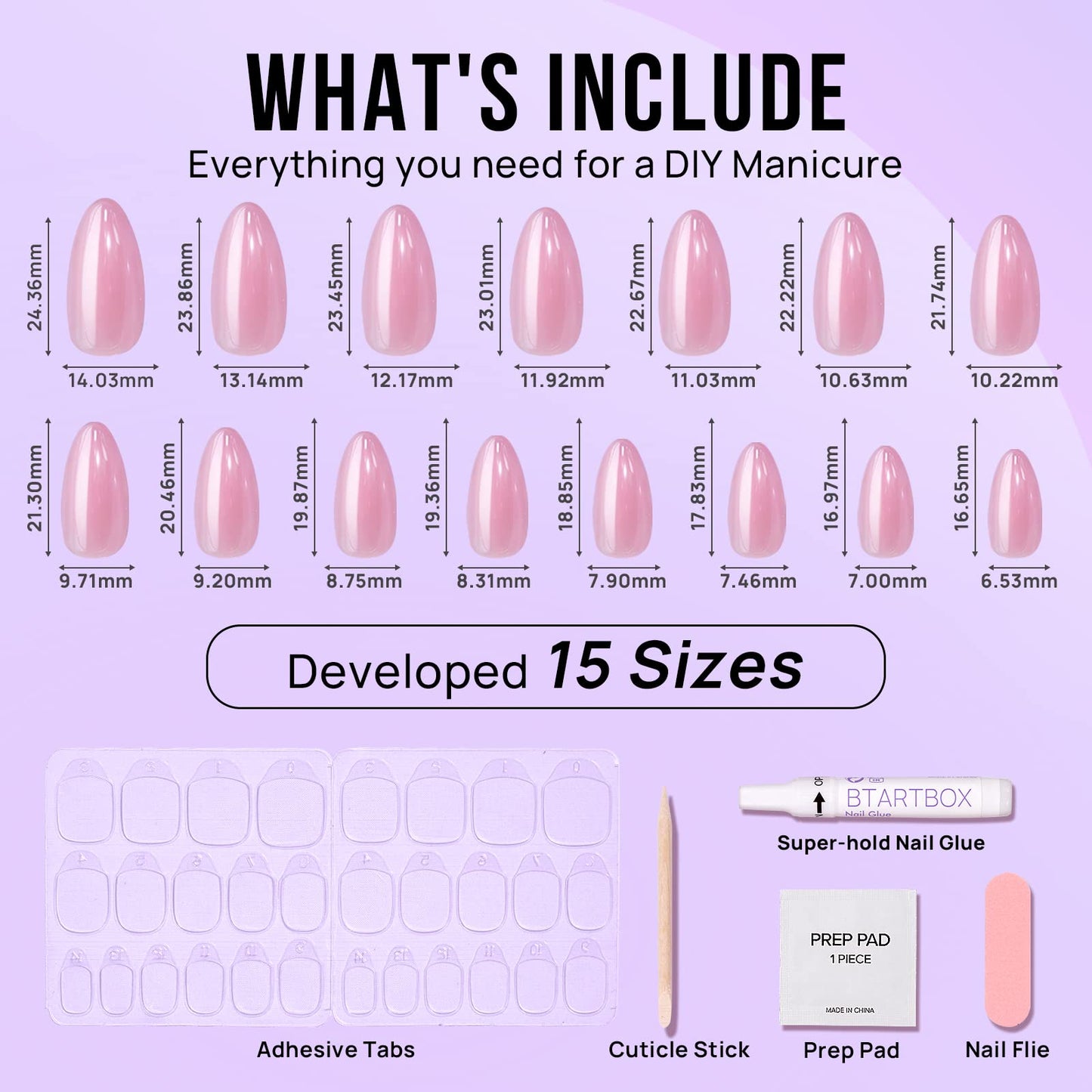 BTArtbox Press On Nails Almond - Soft Gel Press on Nails Pink Chrome Nails, Light Weight & Fit Perfectly, Natural Fake Nail with Nail Glue, Medium Glue On Nails in 15 Sizes - 30 Nail Kit, Lotus Glazed