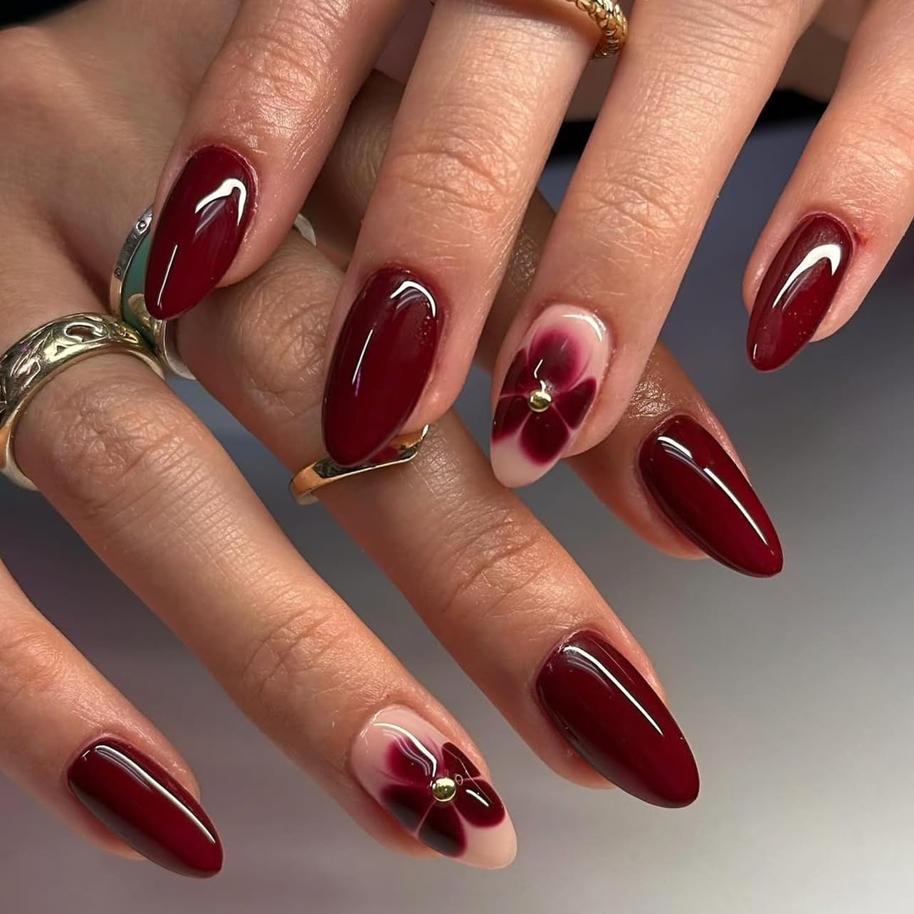 24Pcs Dark Red Press on Nails Medium Almond Fake Nails Floral with Golden Pearls Design Reusable False Nails Kit Red Five-Petal Flower Full Cover Artificial Stick on Nails for Women Girls Manicure