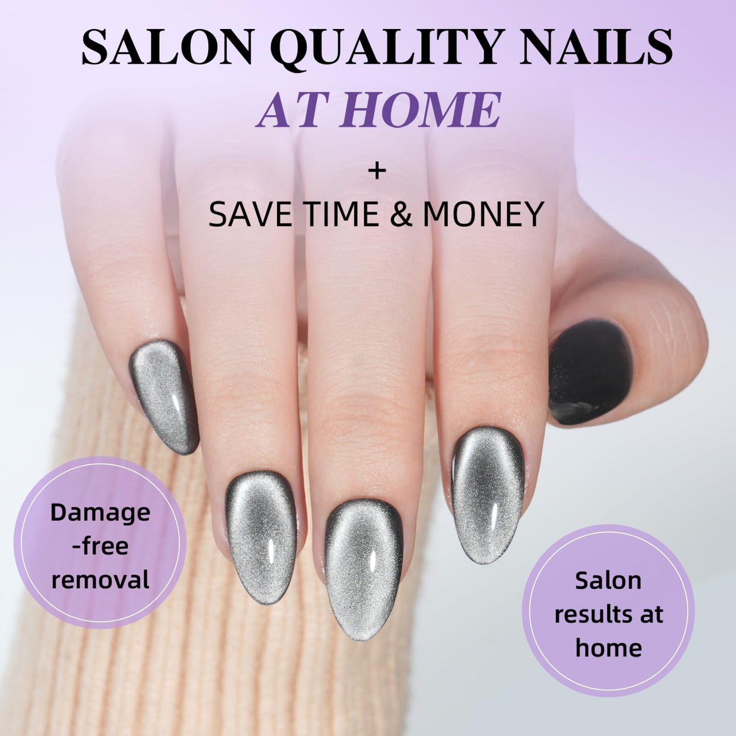 Black Cat Eye Press On Nails - Short Almond Black Nails Press ons for Women, Reusable Glossy Fake Nails Kit with Glue, 32 Pieces in 16 Sizes