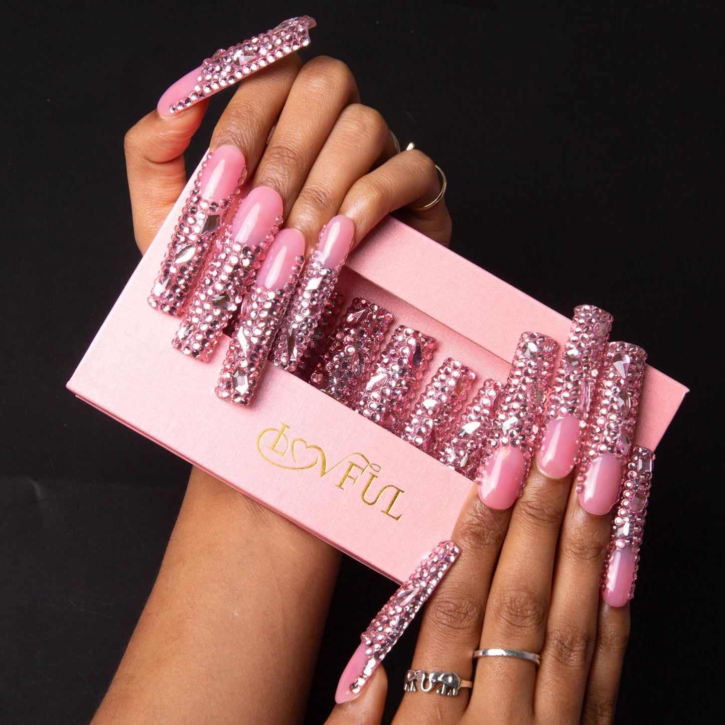 LOVFUL Press on Nails Pink French Tip Rhinestone | Handmade with Full Covered Crystals | Reusable Fake Nails | Square Long 2.2 in | H27-M
