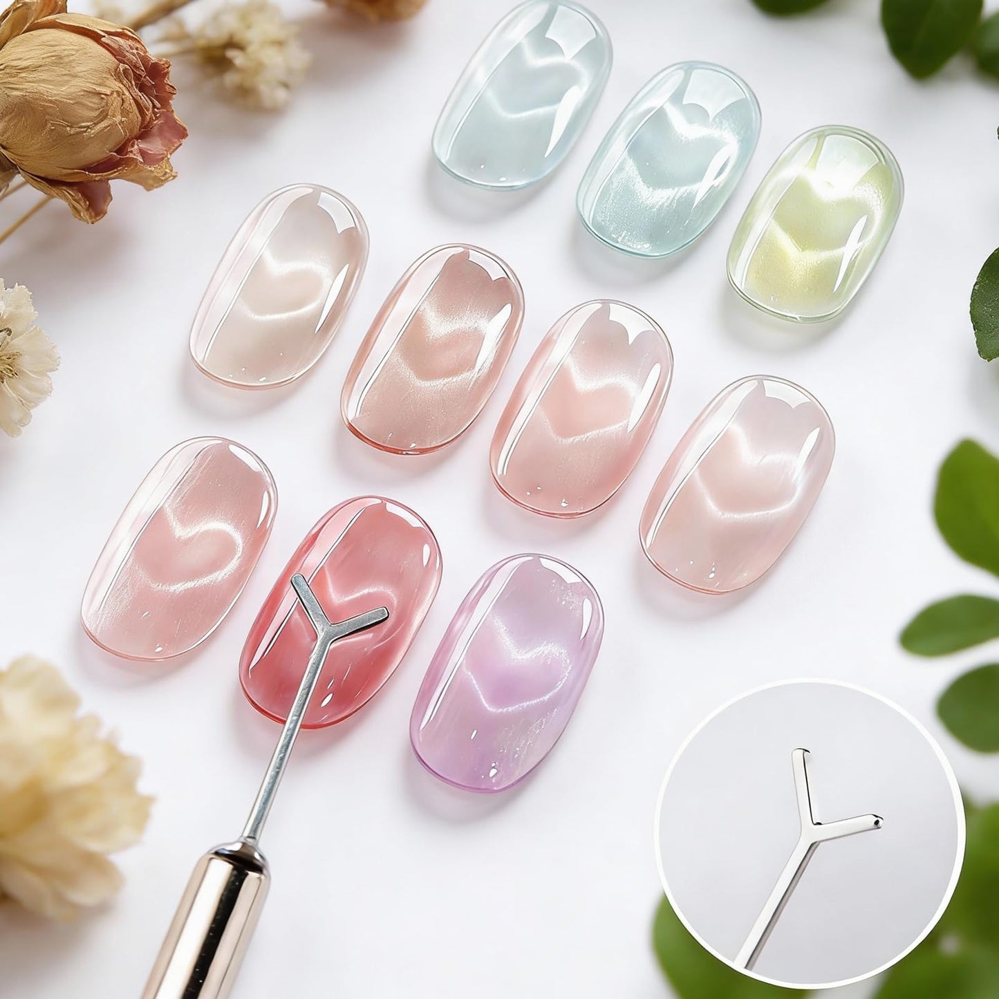 YECIRALA 10 Pcs Cat Eye Magnet For Nails Magnet Tool Set With 1 Pcs Y-Shape Iron Molds, 10 Uniquely Shaped Nail Magnet For Nails Strong Magnetism Cylinder Cat Eye Gel Nail Polish Magnet Sticks Tools