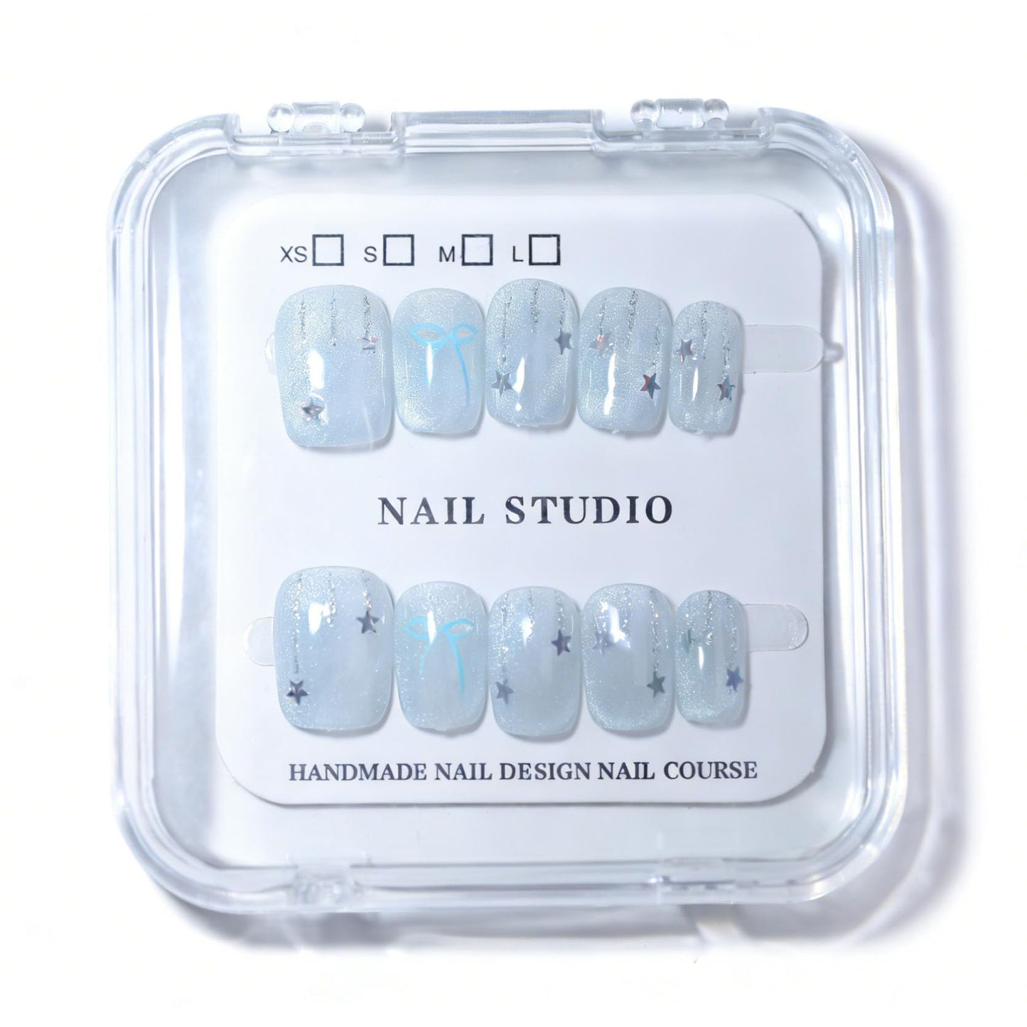 10 Pcs Short Square Handmade Press On Nails | Light Blue Bow & Iridescent Star Design | Reusable Easy Apply Salon-Quality Manicure for Women & Girls Daily & Party Wear (RR05, M)