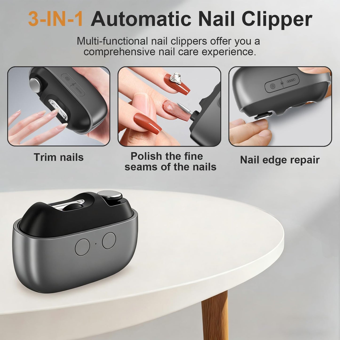 Electric Nail Clipper, Automatic Electric Nail Clipper, Portable 3-in-1 Electric Nail Trimmer and Polisher Electric Toenail Clippers with LED Light 2 Speed Settings for Babies, Seniors and Adults (A)
