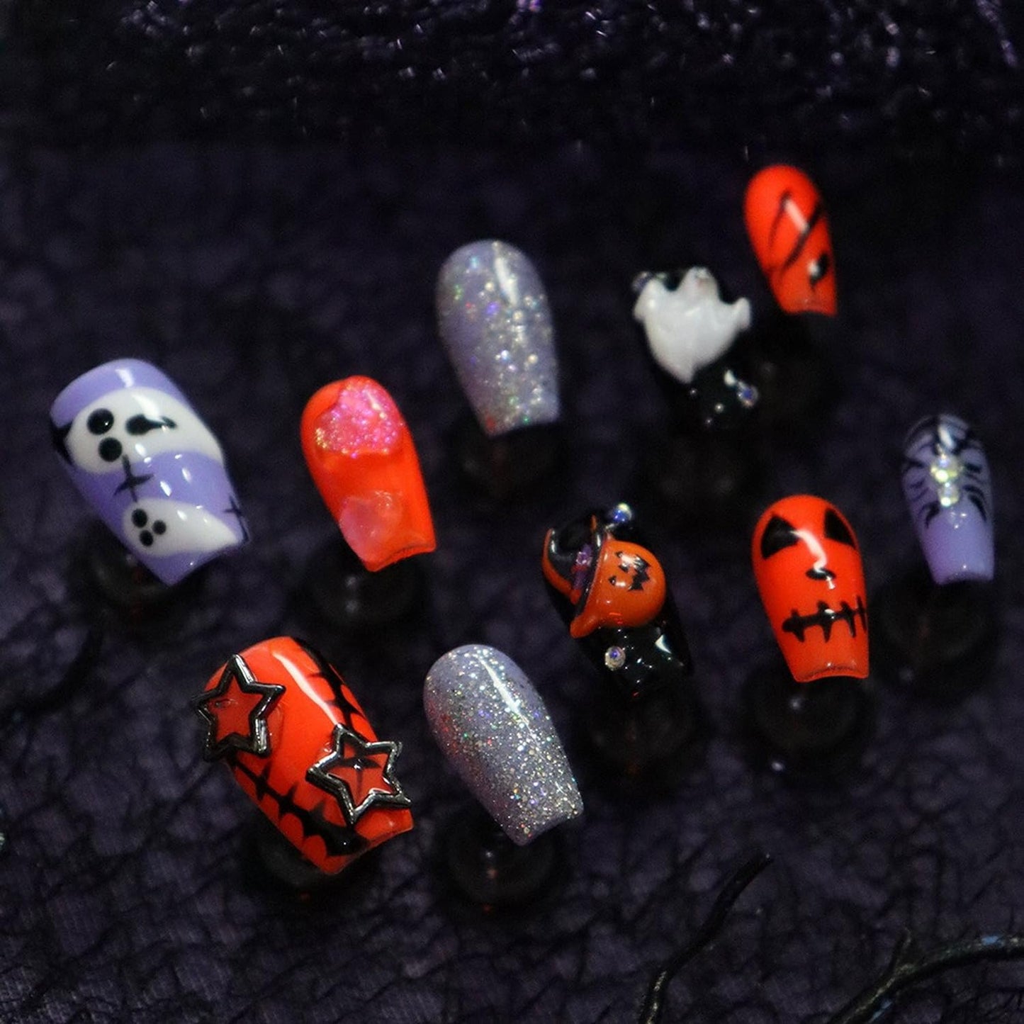 Halloween Press on Nails Handmade Ghost Press on Nails Short Coffin Fake Nail with Pumpkin Head Spider Designs Full Cover Glitter Halloween Glue on Nail for Women Girls (Size S)