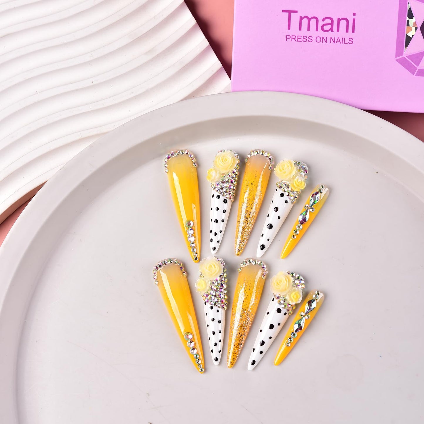 Tmani 10pc/set Extra Long Handmade Press On Nail Hot Girl's Long Ballet Nails Pointed Nail Full of Diamond Glitter Decoration Fake Nails Suitable For Girls Festival Parties and Birthday Gift (265,M)