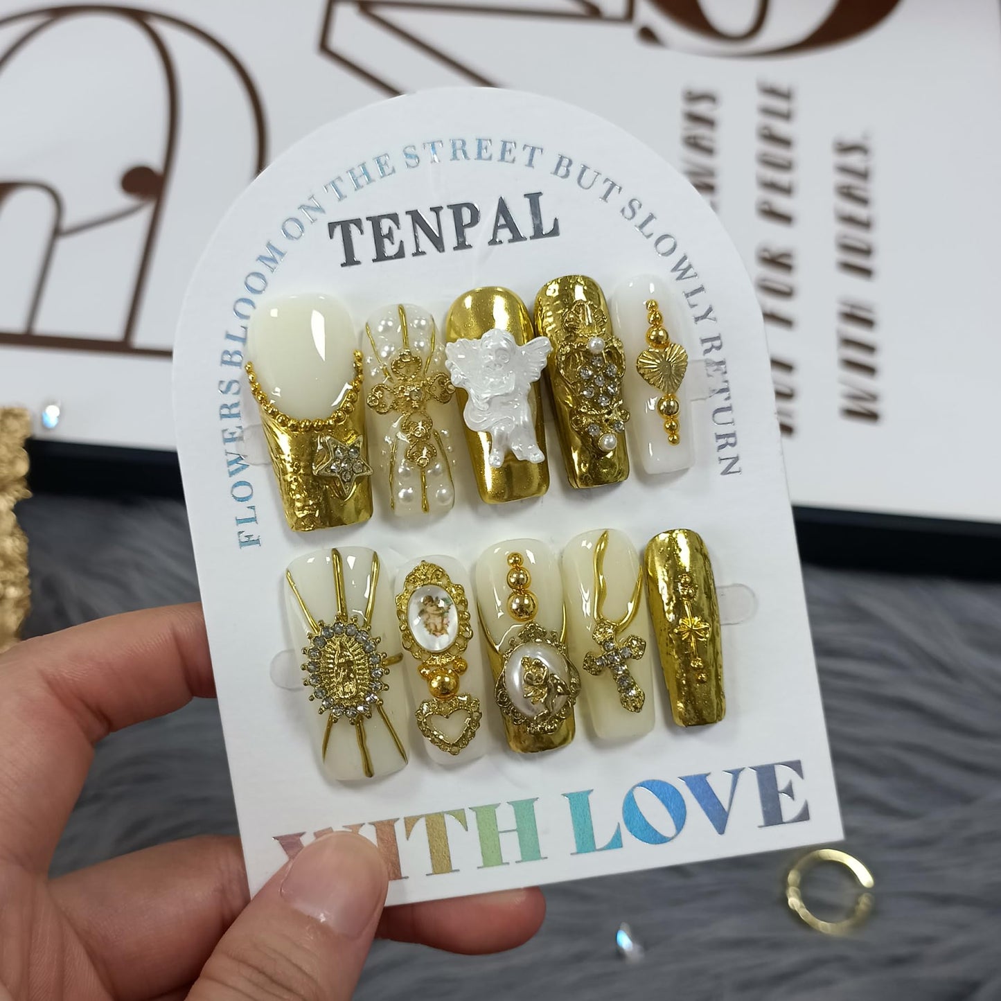 TENPAL Baroque Press on Nails Long Coffin 3D Embossed Pearl Cross Charm Luxury False Nails for Women Gold Glam Royal Cathedral Style Glue on Nails for Parties Holiday Events(M)