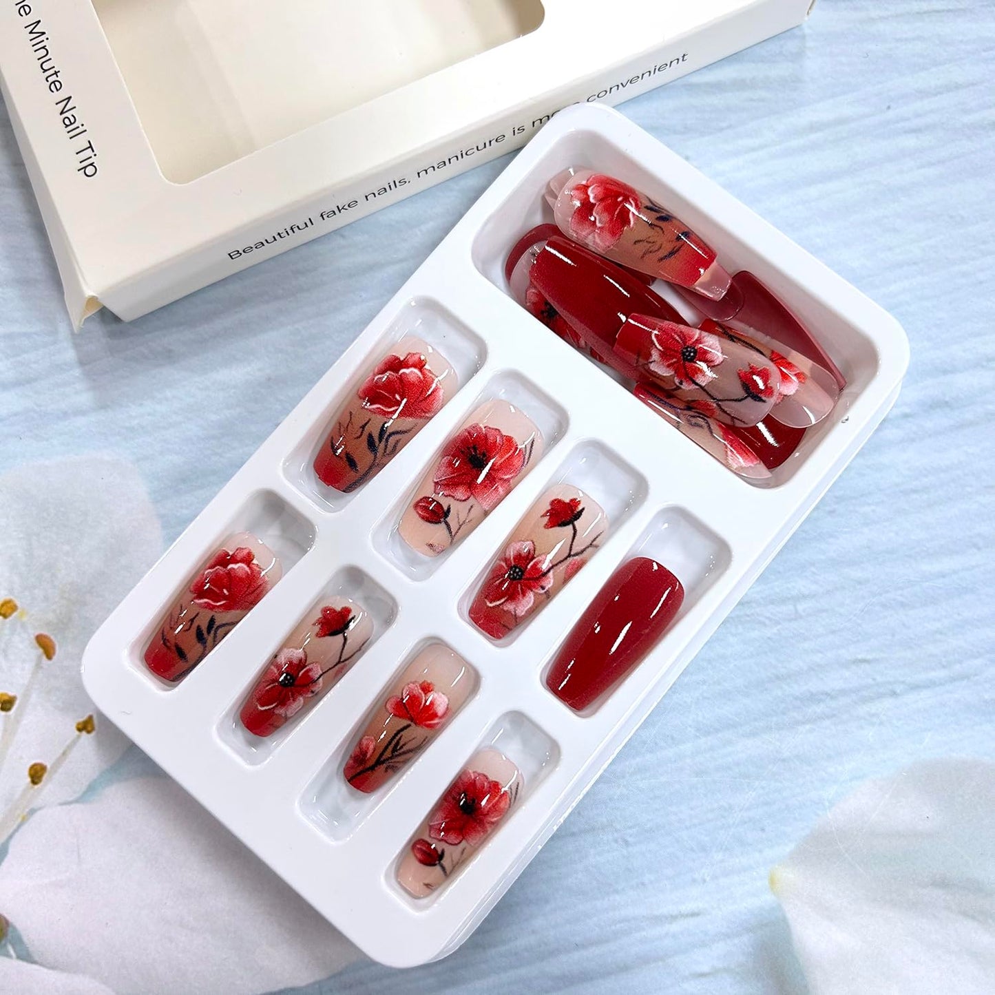 CJDLTS Red Flower Press on Nails Medium Ballet Shaped Full Cover Glossy Floral Stick on Nail Artificial Acrylic Blossom Fake Nail Reusable Medium Glue on Nails for Women Manicure Art 24Pcs