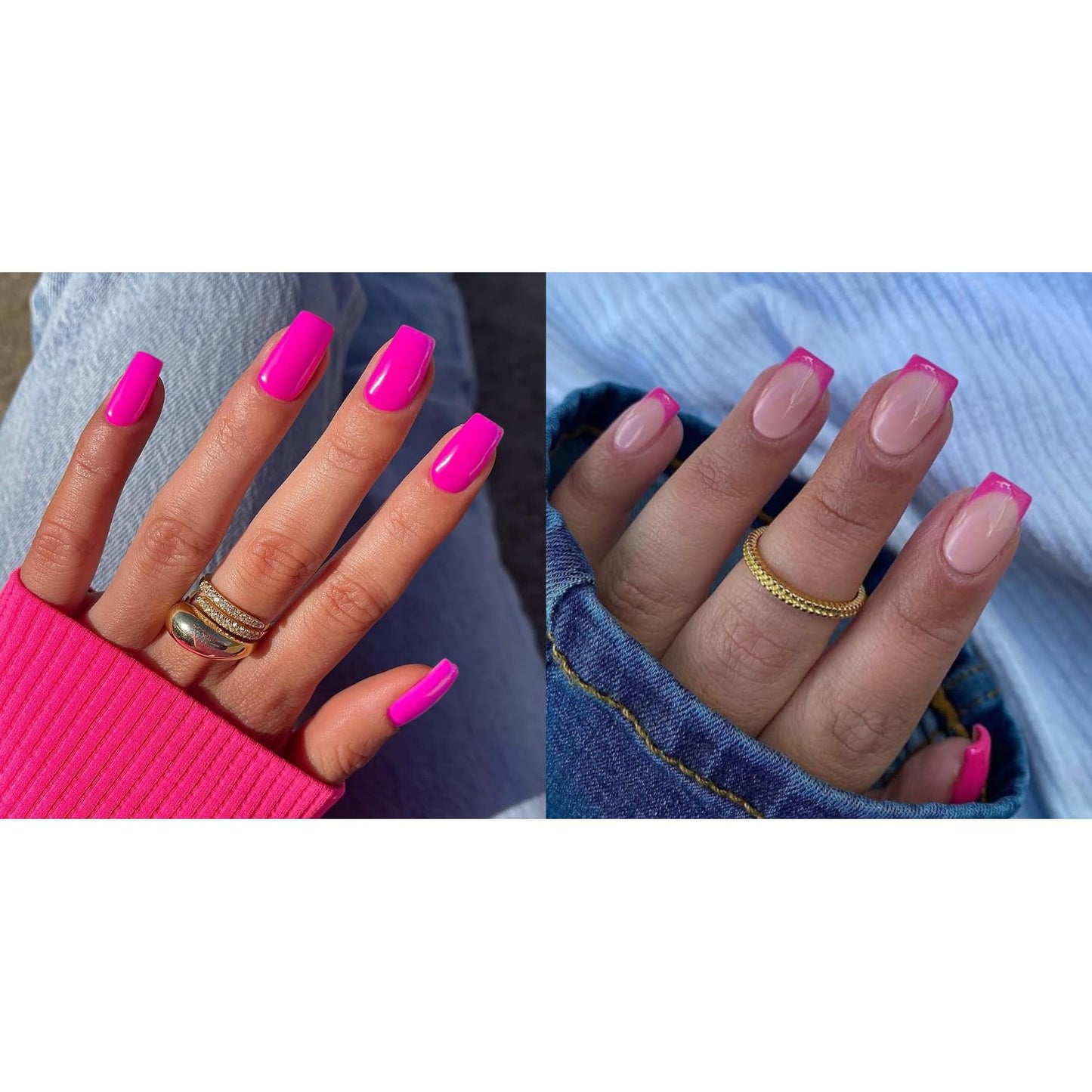 KQueenest Hot Pink Press on Nails Short Medium Square&Hot Pink French Press on Nails Short Square For Beach Party Daily Decoration in 48 PCS
