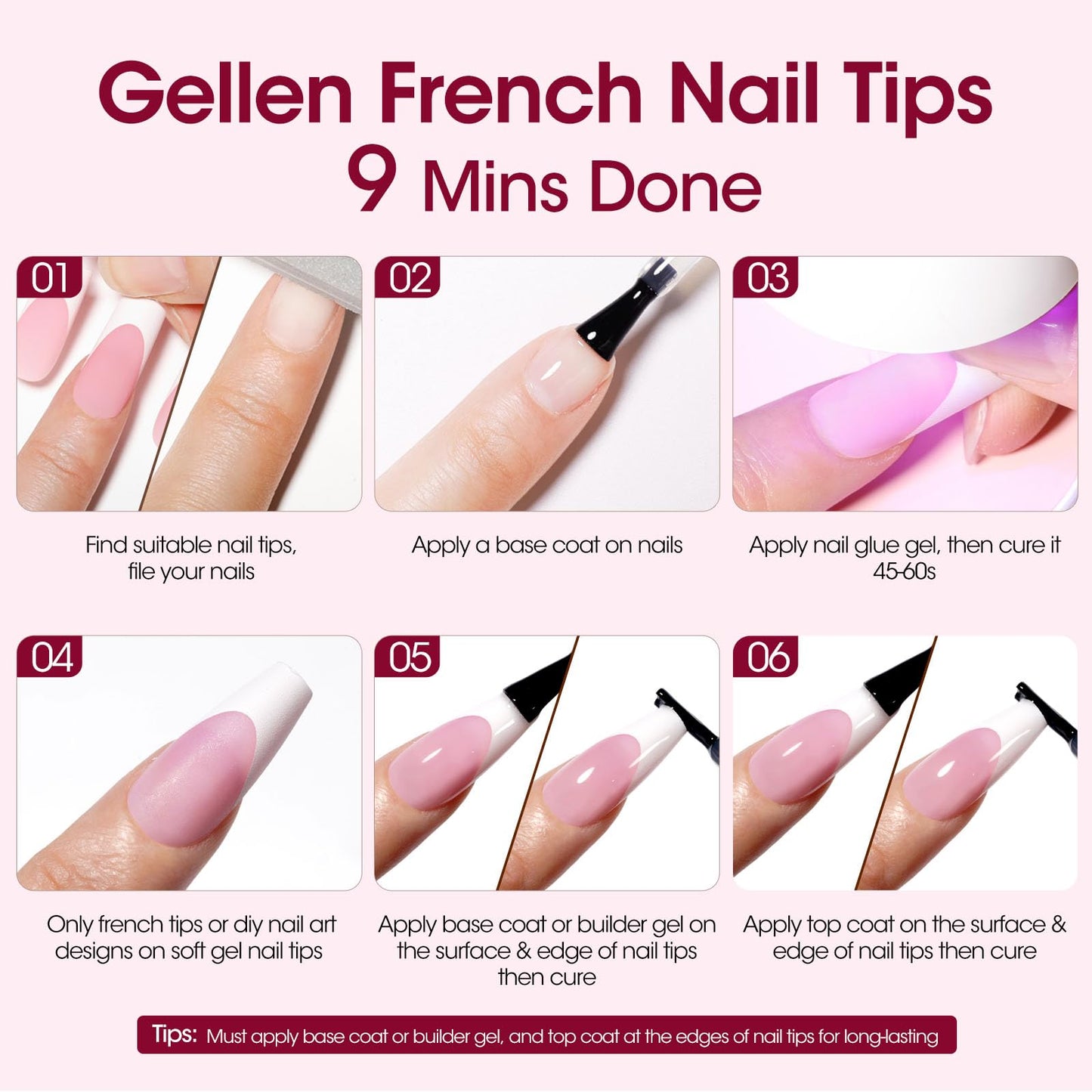 Gellen French Soft Gel Nail Tips - 150 pcs 15 Sizes French Tip Press on Nails Pink Long Square Fake Nails, 3 in 1 Pre-french Gel Nail Tips No Need to File
