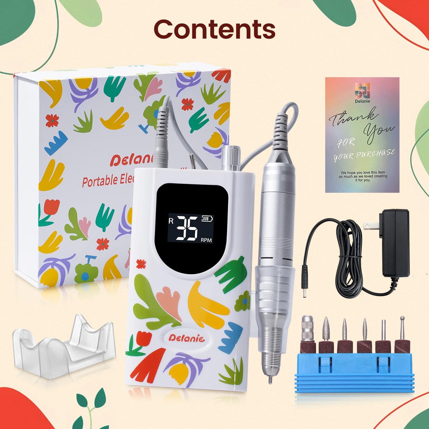 Delanie Professional Nail Drill High Torque 35000 RPM Rechargeable Portable Electric Nail File Filer for Acrylic Gel with Cuticle Bits, Salon Manicure Tool, Matisse White
