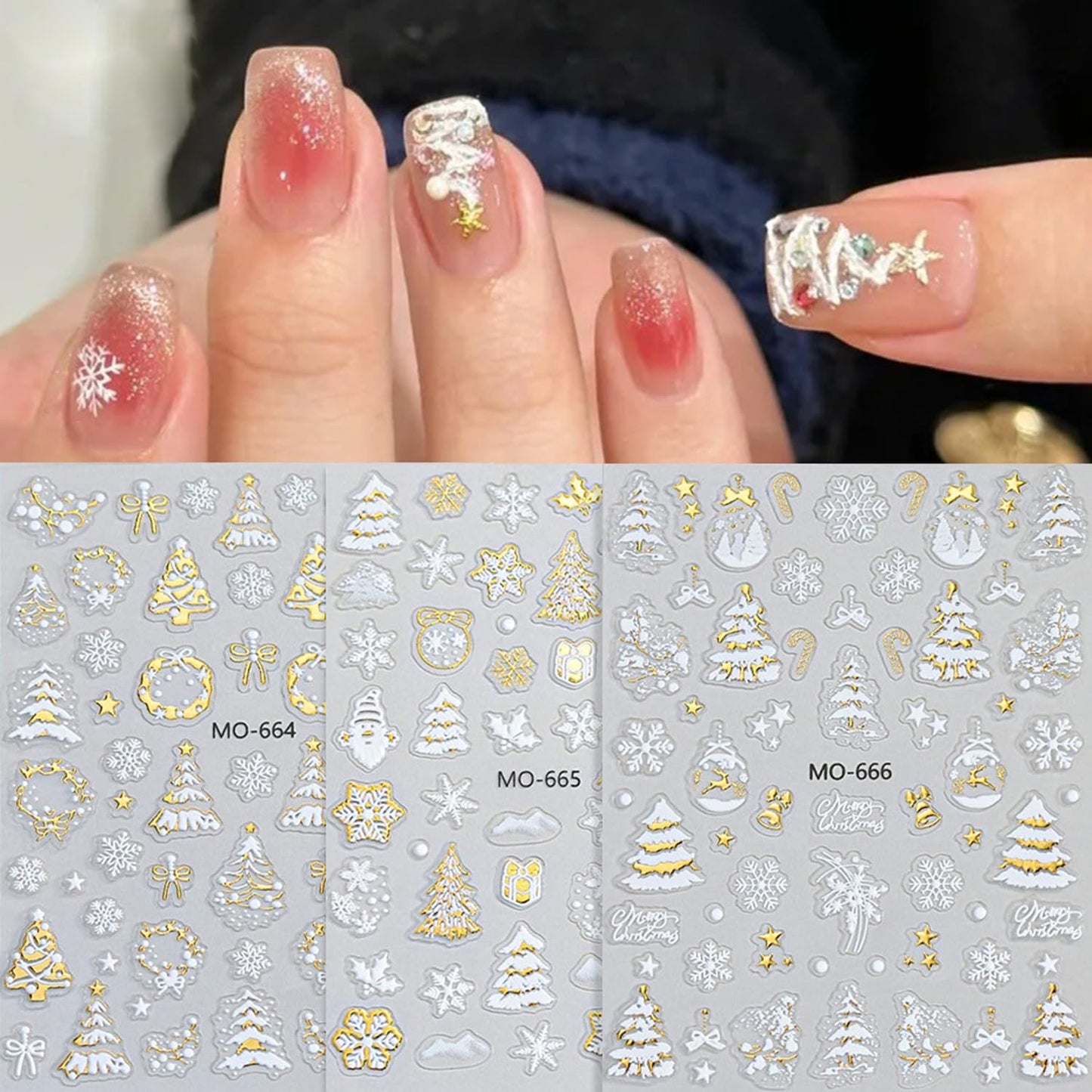 3Pcs 3D White Christmas Nail Stickers Embossed Nail Decals with Gold Glitter Xmas Tree Snowman Snowflakes Elk Design Winter Xmas Nail Art Decoration Supplies Holiday Nail Sticker for Women