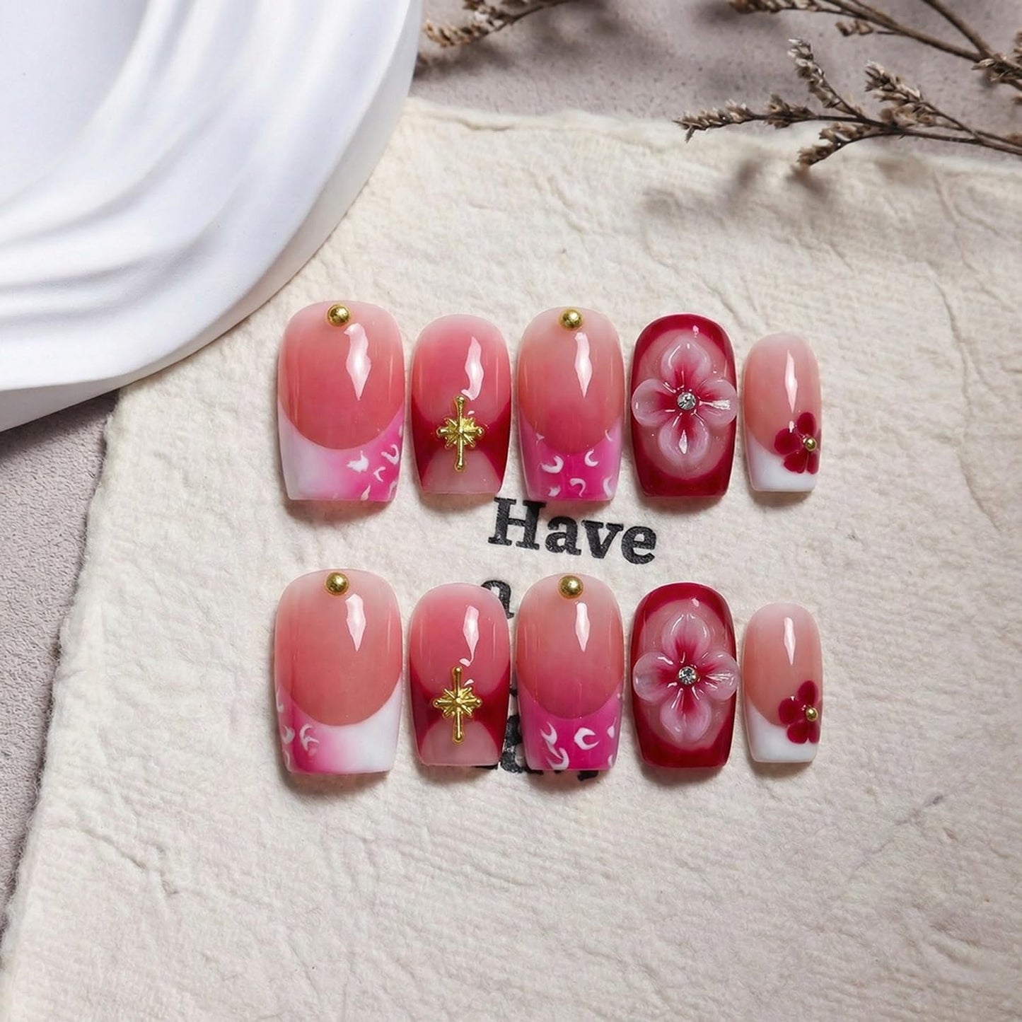 Flower Handmade Press on Nails Gradient Square 3D Flowers Rhinestones Design Fake Nails with French Tips Short Salon Quality Reusable Acrylic Nail Kit for Women 10 Pcs (S)