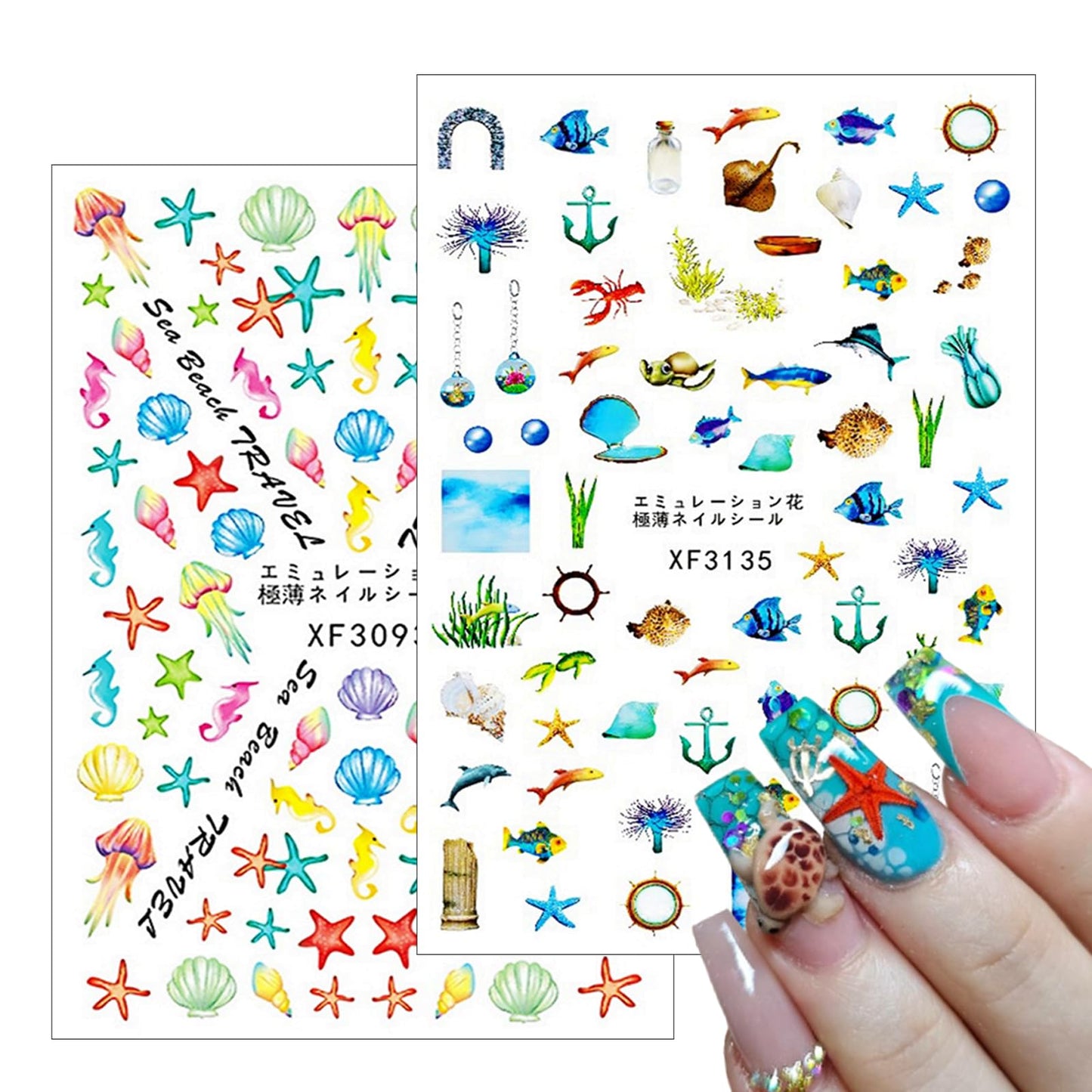 8 Sheets Summer Ocean Nail Art Stickers 3D Self-Adhesive Starfish Seashell Nail Stickers Beach Fishtail Shellfish Starfish Designs Nail Art Supplies for Women and Girl DIY Manicure Decorations