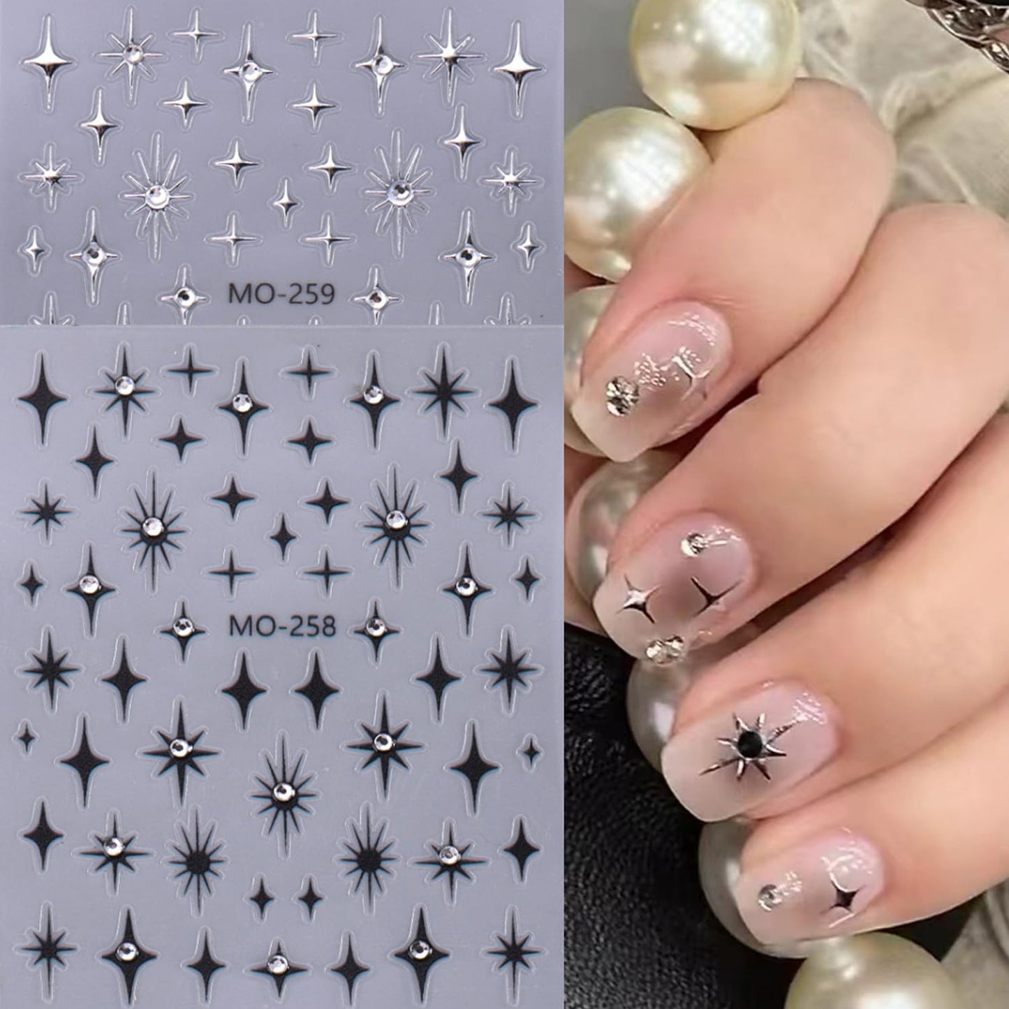 3pcs Diamond Star Nail Stickers for Nail Art 3D Glitter Luxury Nail Decals Stars Nail Art Stickers Black Silver Star Crystal Nail Design Shiny Starlight Drill Adhesive Sticker Manicure Decor for Women