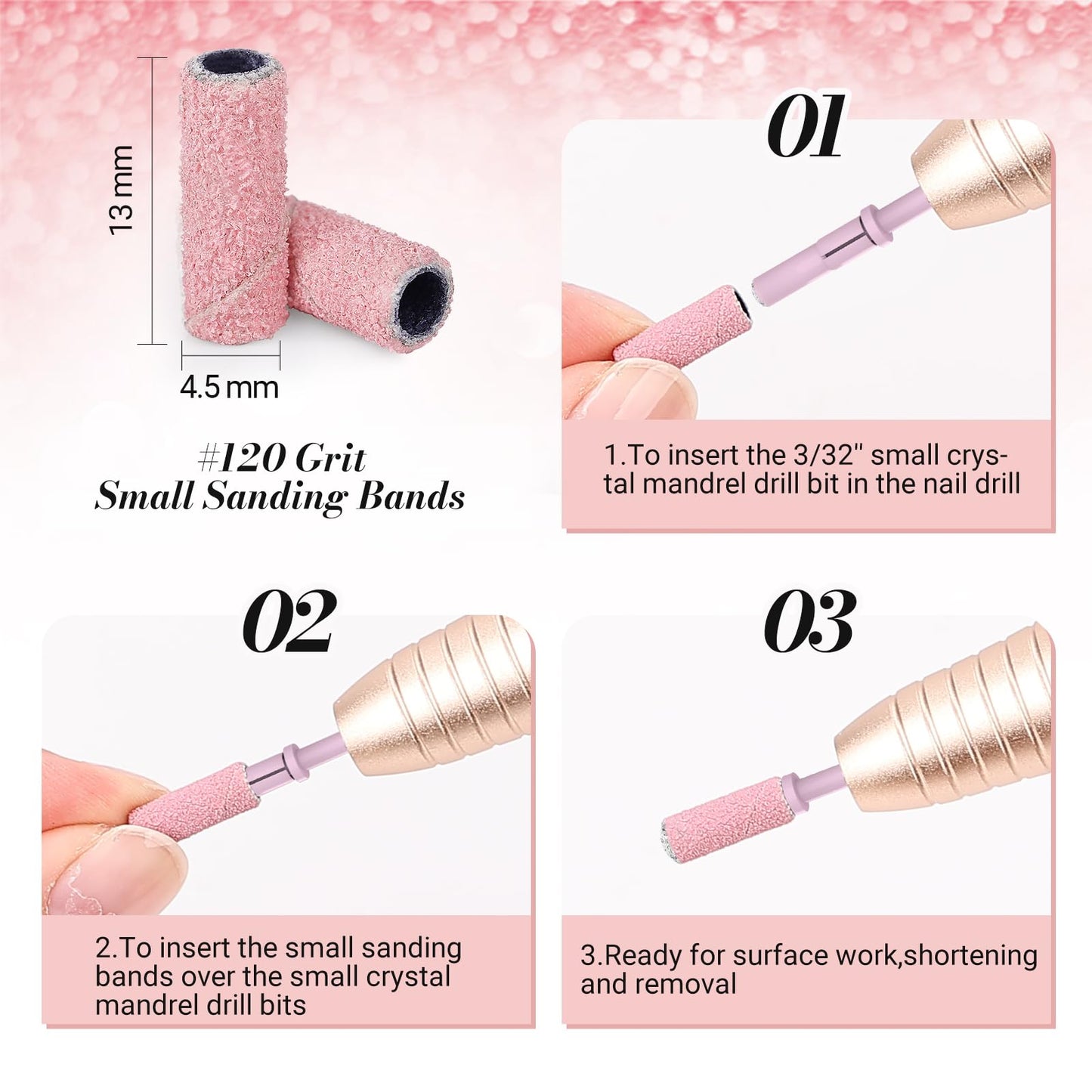 MelodySusie 50 Pcs Nail Drill Bits Small Sanding Bands with 3.1mm Mandrel Bit, 120 Medium Grit Nail File for Acrylic Nails Gel Manicures and Pedicure, Pink