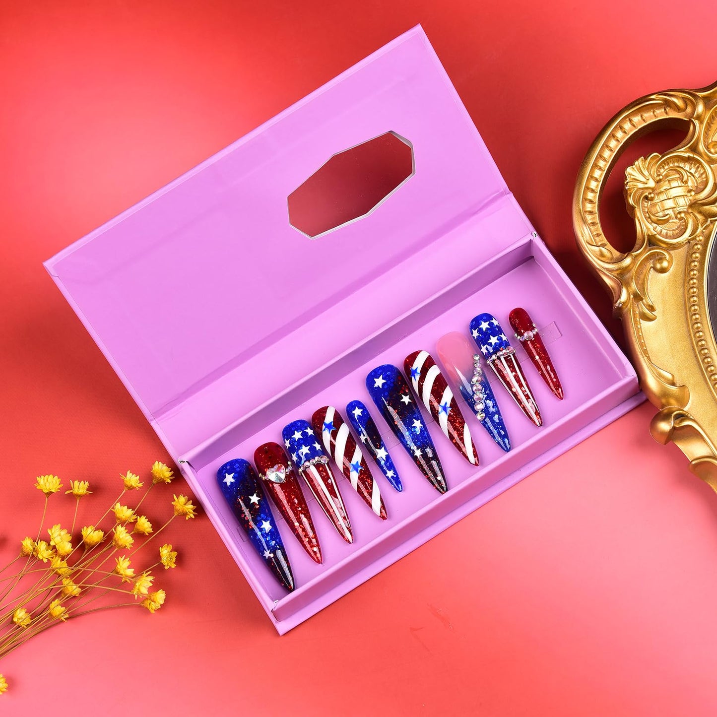 Tmani 10pc/set Extra Long Handmade Press On Nail Hot Girl's Long Ballet Nails Pointed Nail Full of Diamond Glitter Decoration Fake Nails Suitable For Girls Festival Parties and Birthday Gift (008,M)