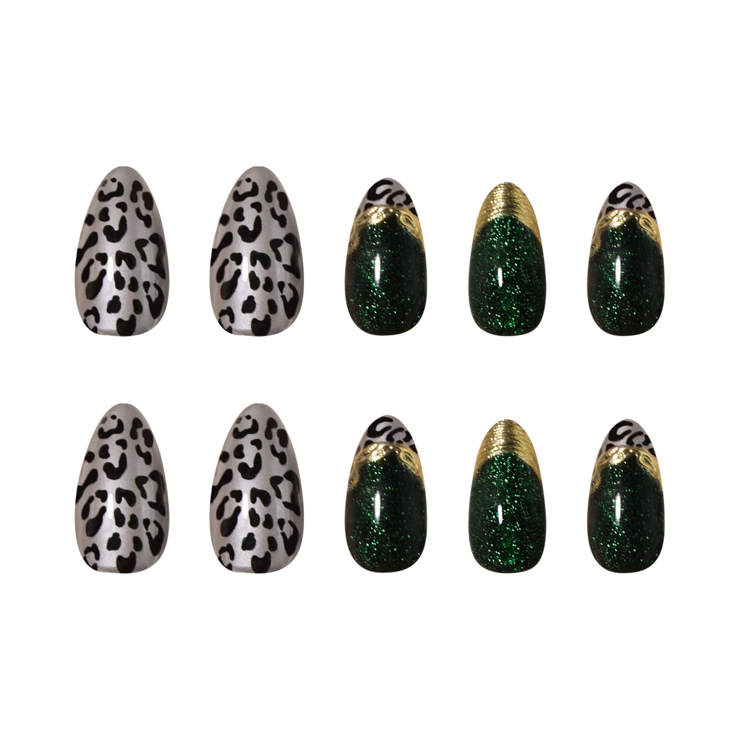 PILOLO Press On Nails Leopard Print, Almond Acrylic Press On Nails, Cheetah Print Fake Nails Glue On, Medium Full Cover Reusable Stick On False Nail Tips for Women Girls (Emerald Wild)