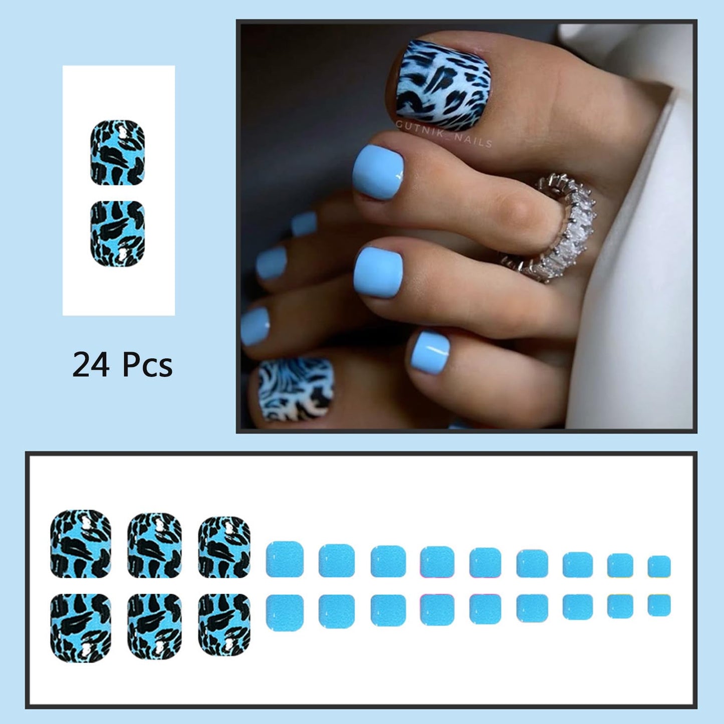 24Pcs Blue Leopard Press on Toenails Short Square Fake Toe Nails Blue False Toenails with Cheetah Print Designs Glossy Acrylic Toe Nail Press ons Summer Elegant Nail Art for Women