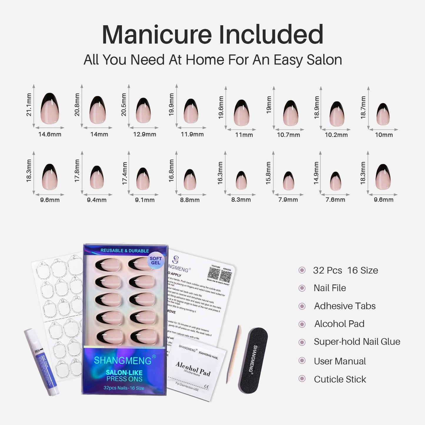 Black French Tip Press on Nails Almond - SHANGMENG Soft Gel Short Press on Nails for Women Gift, Fit Perfectly & Natural Reusable Stick on Nails in 16 Sizes - 32 Fake Nails with Glue, French Black