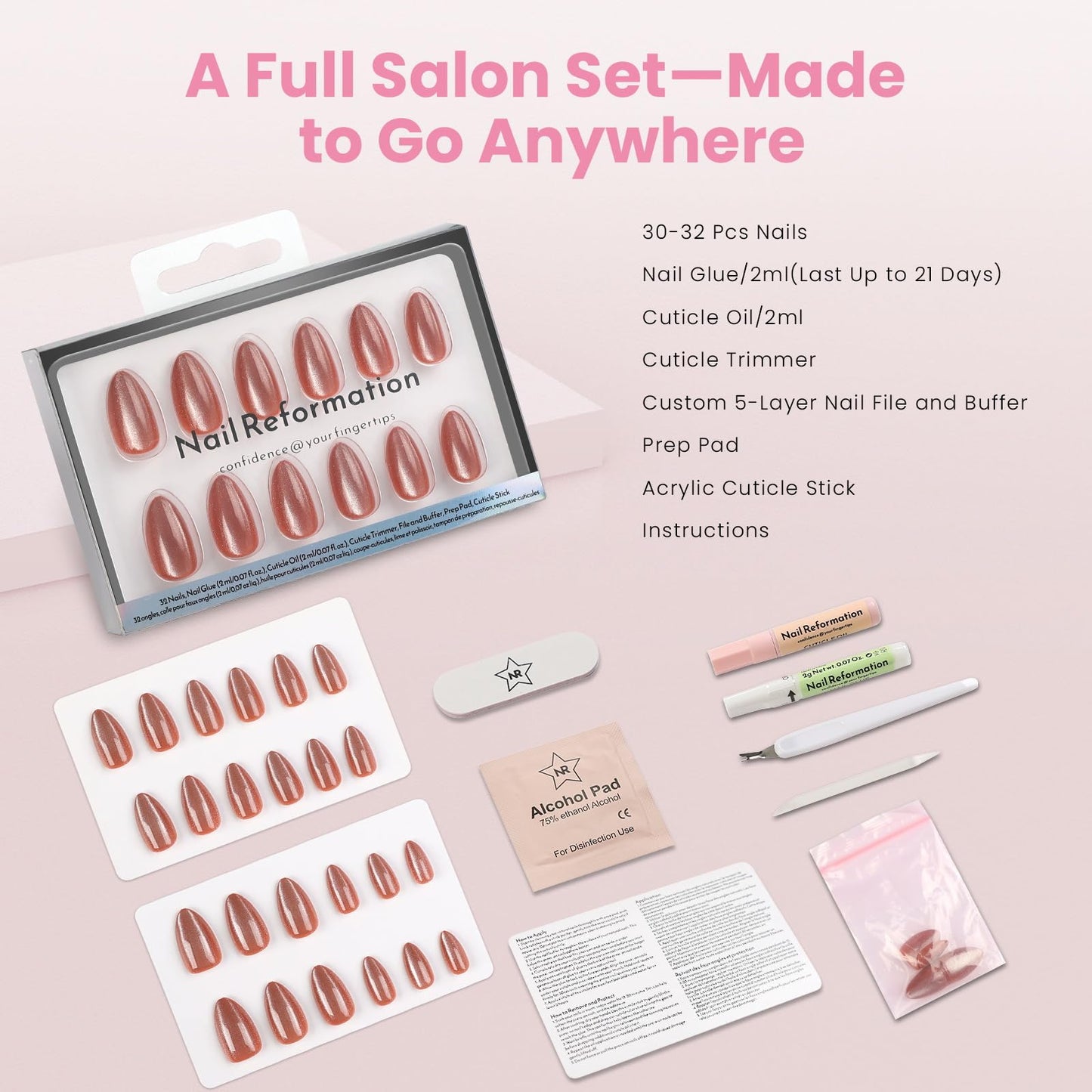 Nail Reformation Press On Nails, Amber Gold Short Almond Fake Nails with Cat Eye Velvet Finish, Natural Reusable Opaque Stick On Nails in 16 Sizes - 32 Nail Kit with Glue, Manicure Gifts for Women