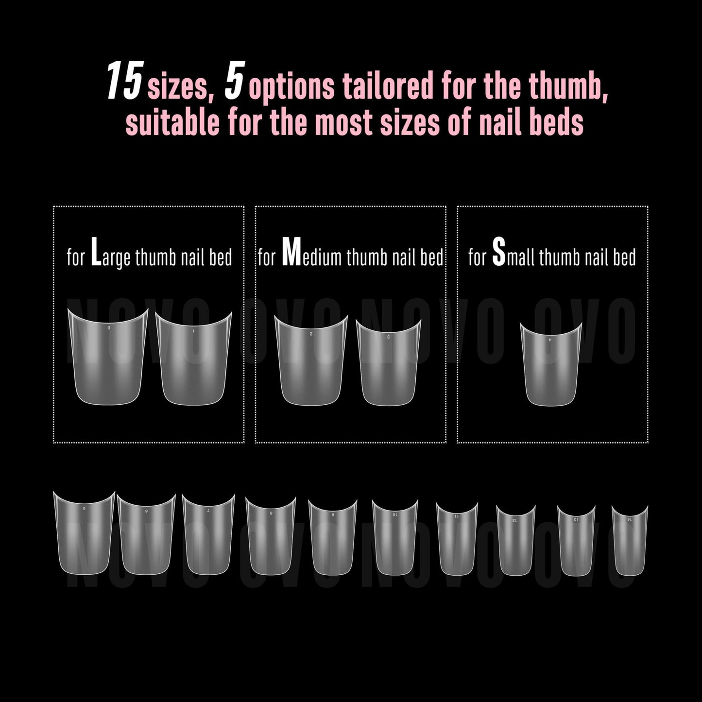 NOVO OVO Halloween Extra Thick Short Duck Feet Nail Tips with Moon Curve Full Cover Press on Acrylic, Clear Pre-Etched Matte Flare Wide French Soft Gel Fake False Nail Extension x 15 Sizes 240 pcs